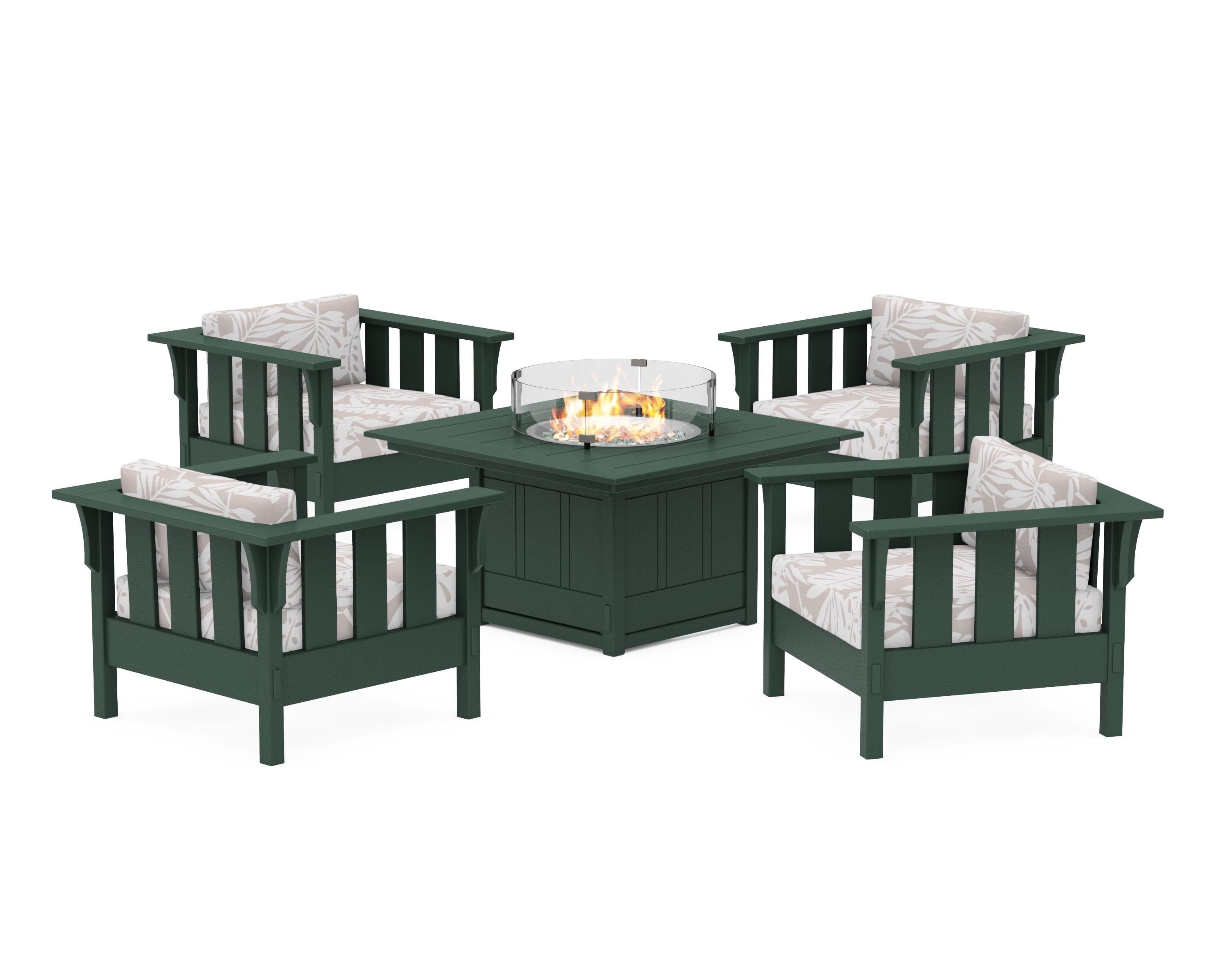 Martha Stewart by POLYWOOD® Acadia 5-Piece Deep Seating Set with Fire Pit Table in Green / Leaf Dune Burlap