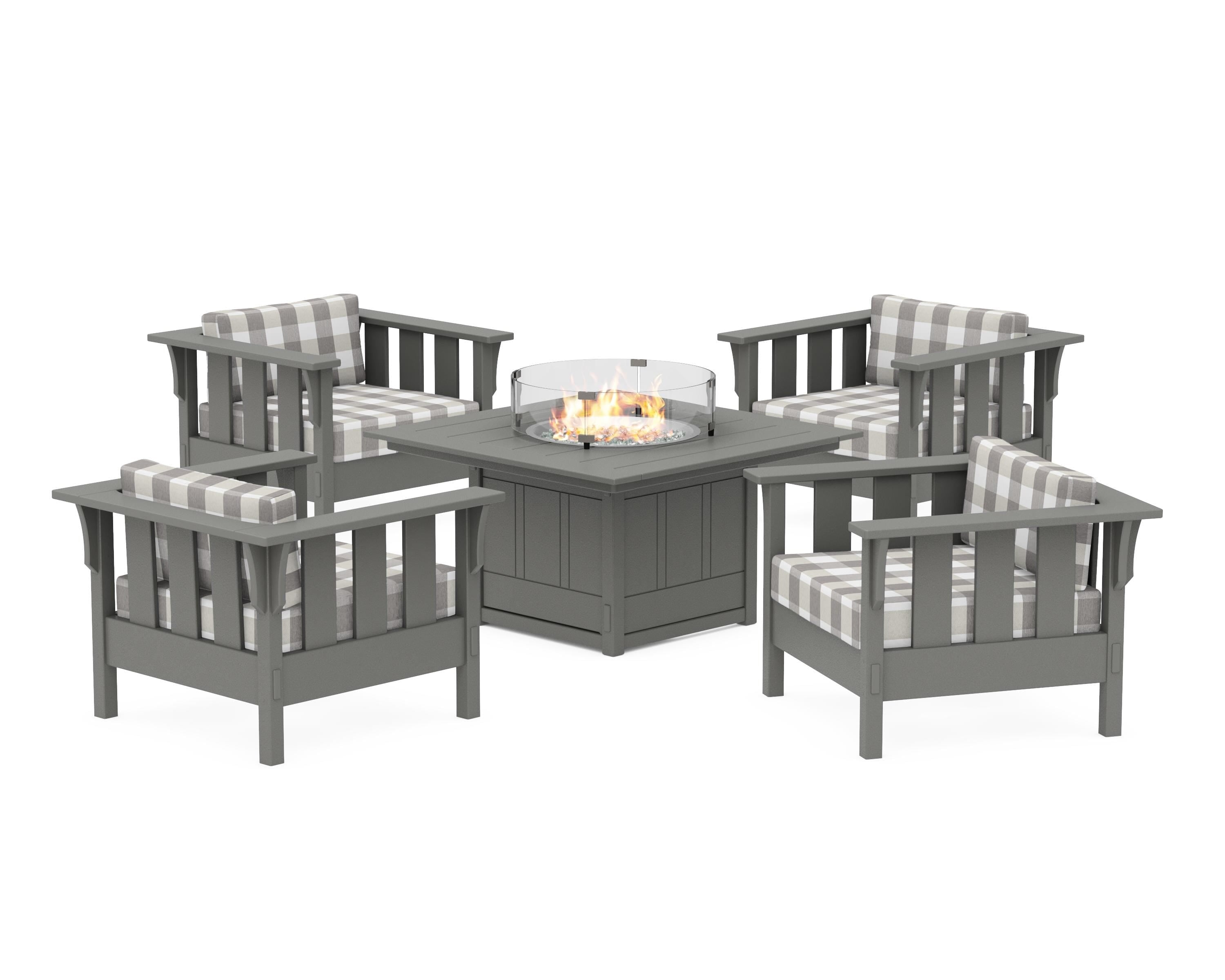 Martha Stewart by POLYWOOD® Acadia 5-Piece Deep Seating Set with Fire Pit Table in Slate Grey / Buffalo Plaid Grey Mist