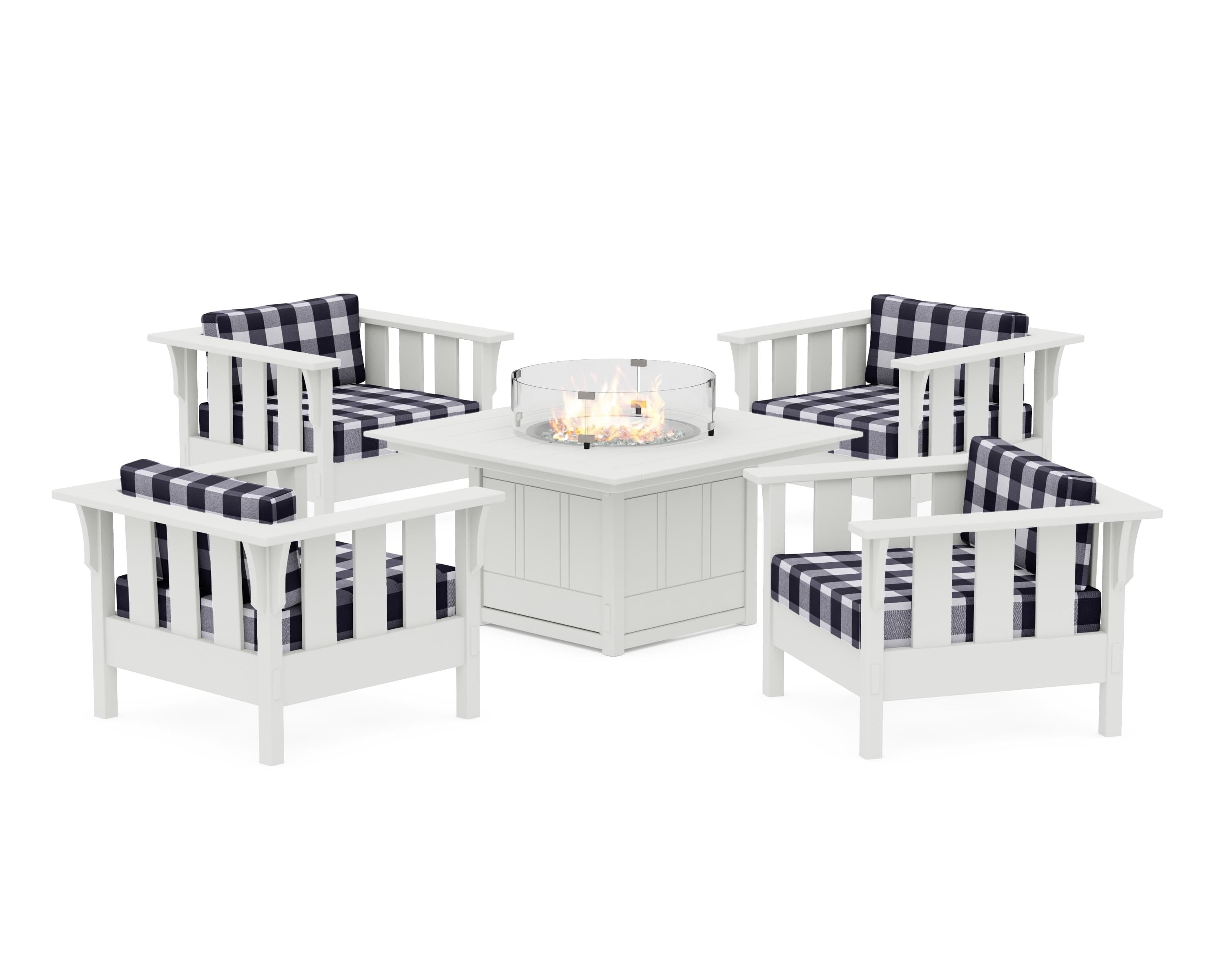 Martha Stewart by POLYWOOD® Acadia 5-Piece Deep Seating Set with Fire Pit Table in White / Buffalo Plaid Navy