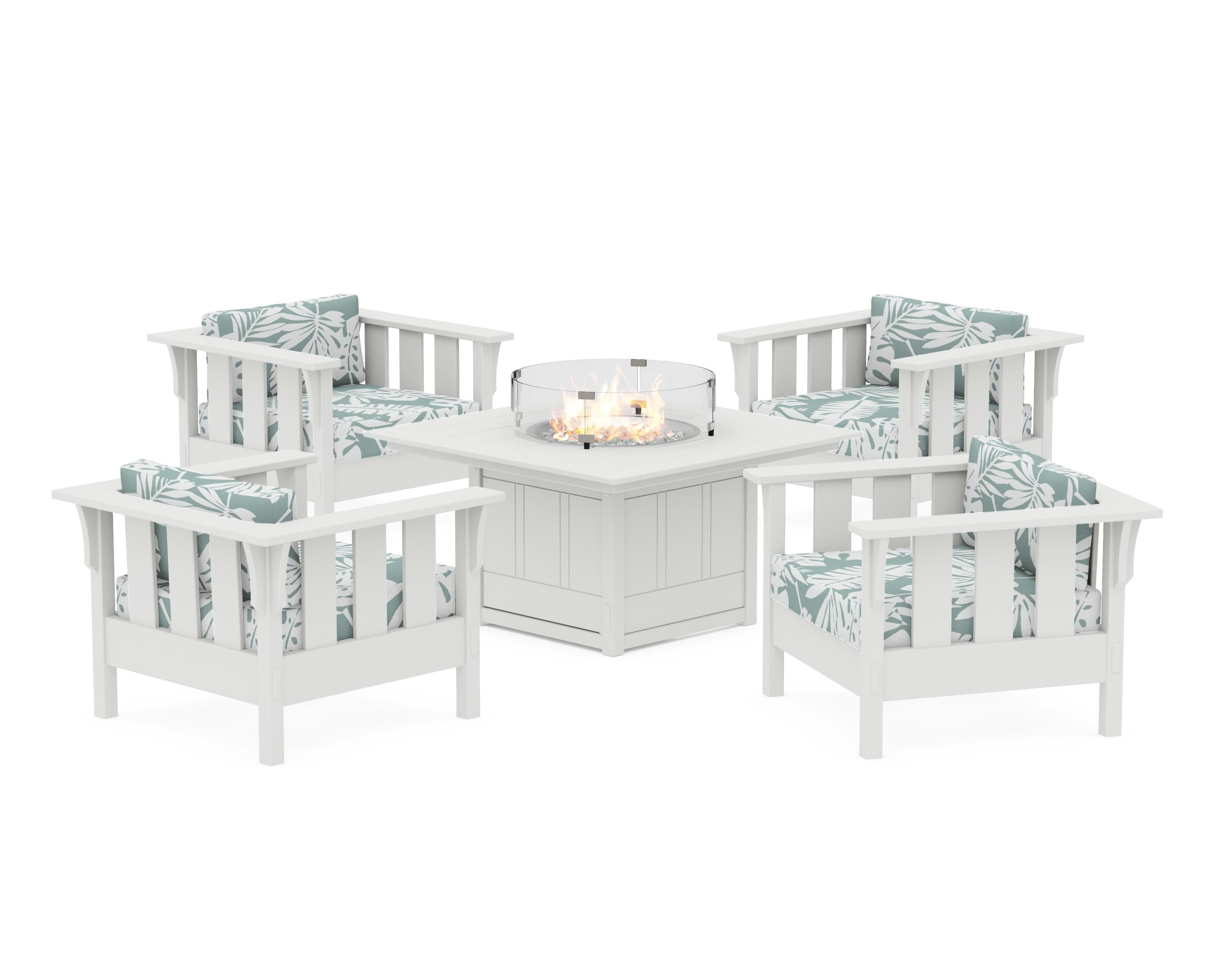 Martha Stewart by POLYWOOD® Acadia 5-Piece Deep Seating Set with Fire Pit Table in White / Leaf Glacier Spa