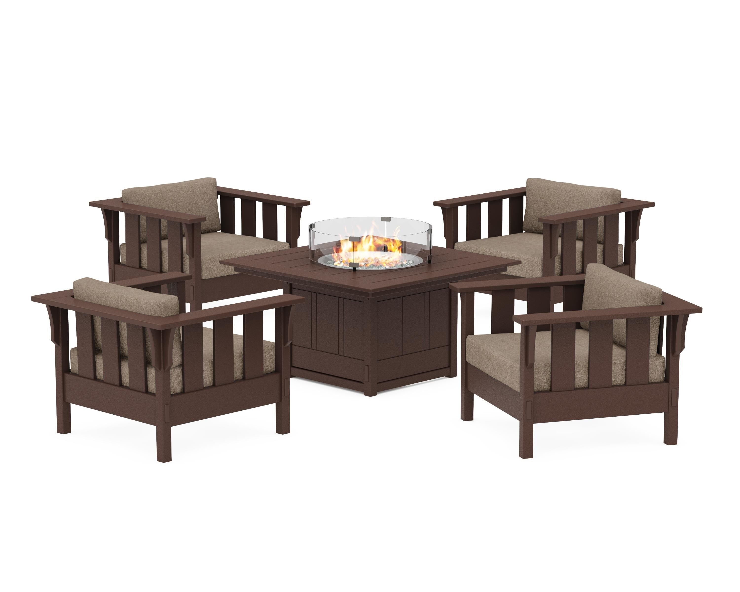 Martha Stewart by POLYWOOD® Acadia 5-Piece Deep Seating Set with Fire Pit Table in Mahogany / Spiced Burlap