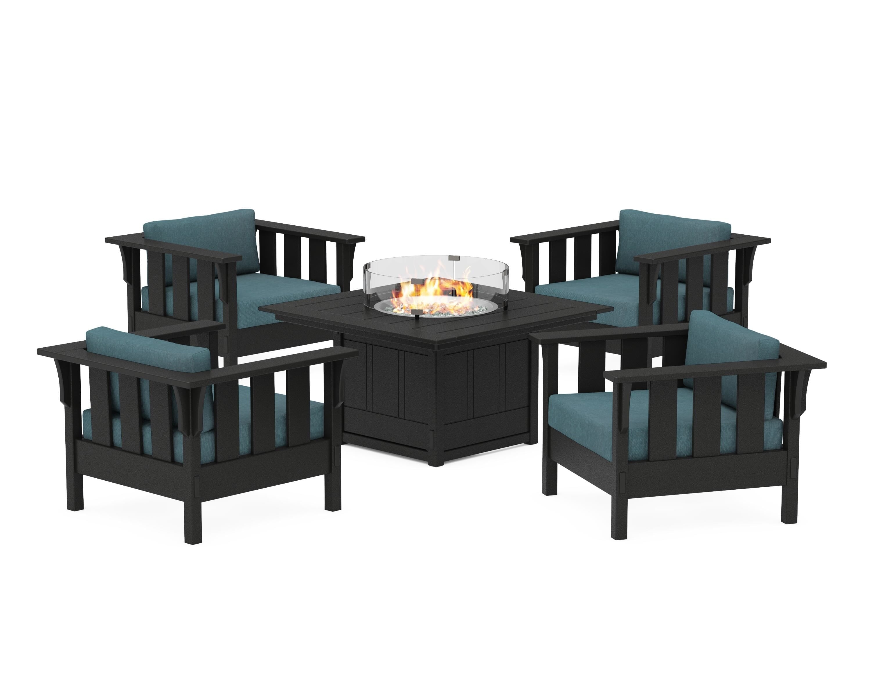 Martha Stewart by POLYWOOD® Acadia 5-Piece Deep Seating Set with Fire Pit Table in Black / Ocean Teal