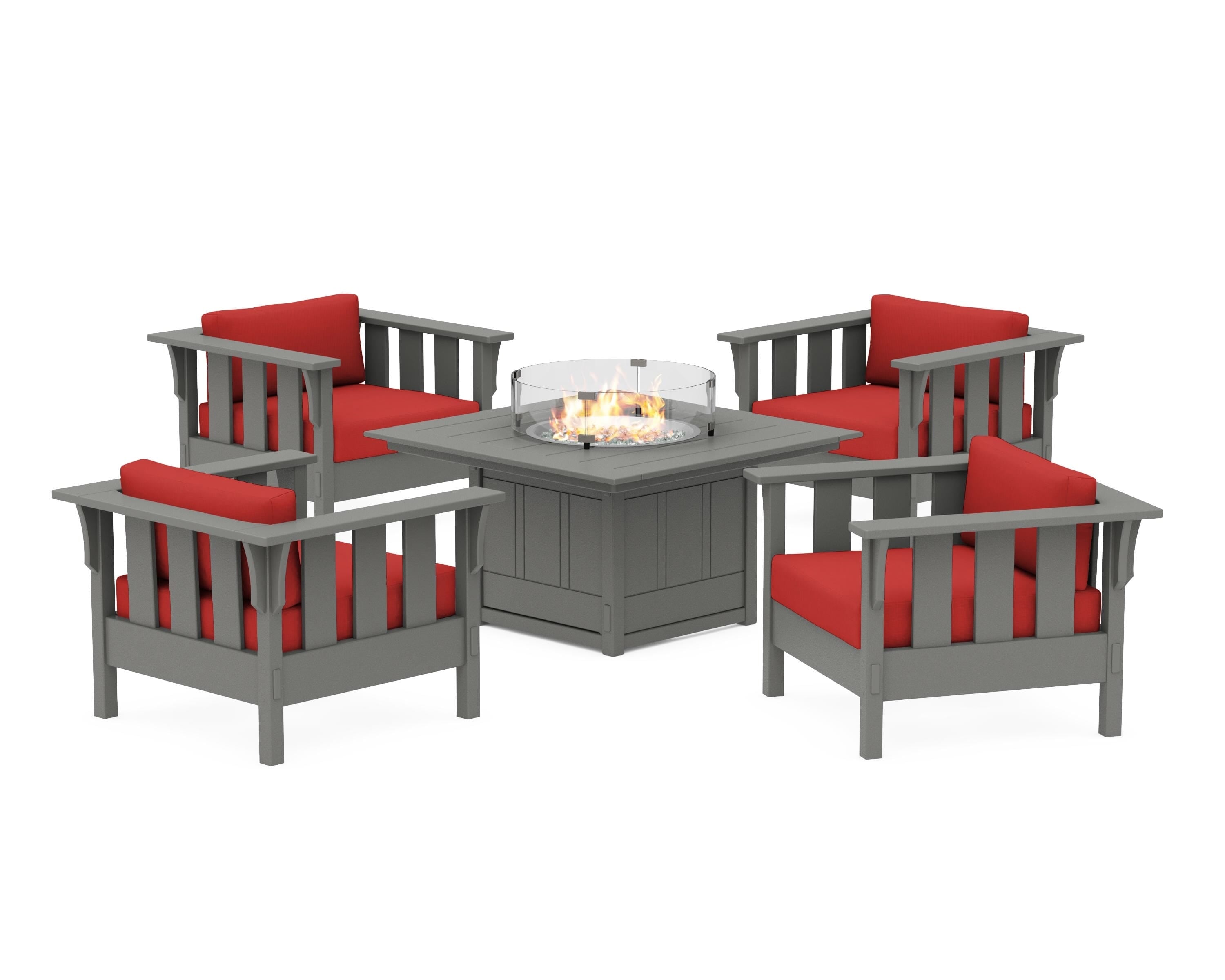 Martha Stewart by POLYWOOD® Acadia 5-Piece Deep Seating Set with Fire Pit Table in Slate Grey / Crimson Linen