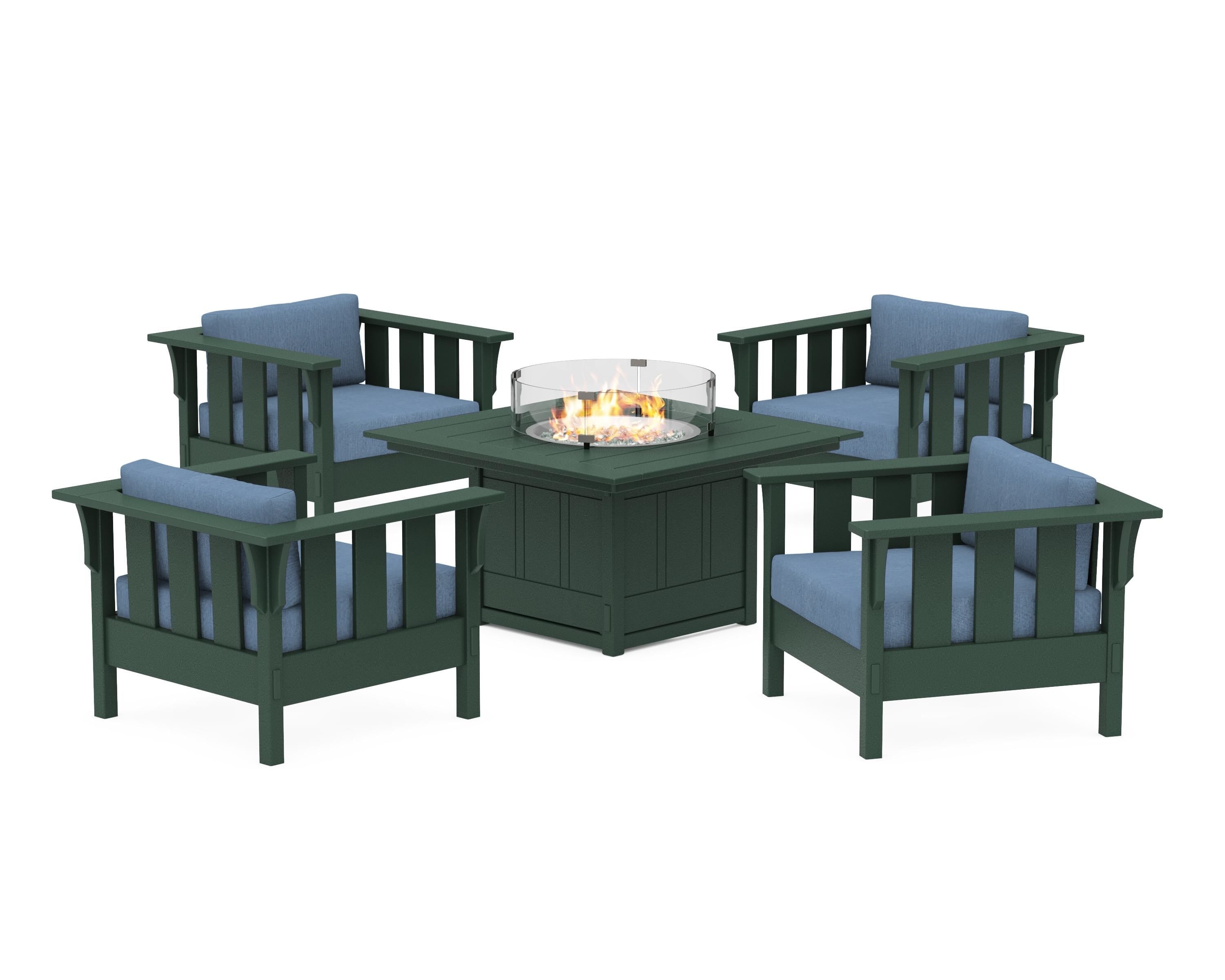 Martha Stewart by POLYWOOD® Acadia 5-Piece Deep Seating Set with Fire Pit Table in Green / Sky Blue