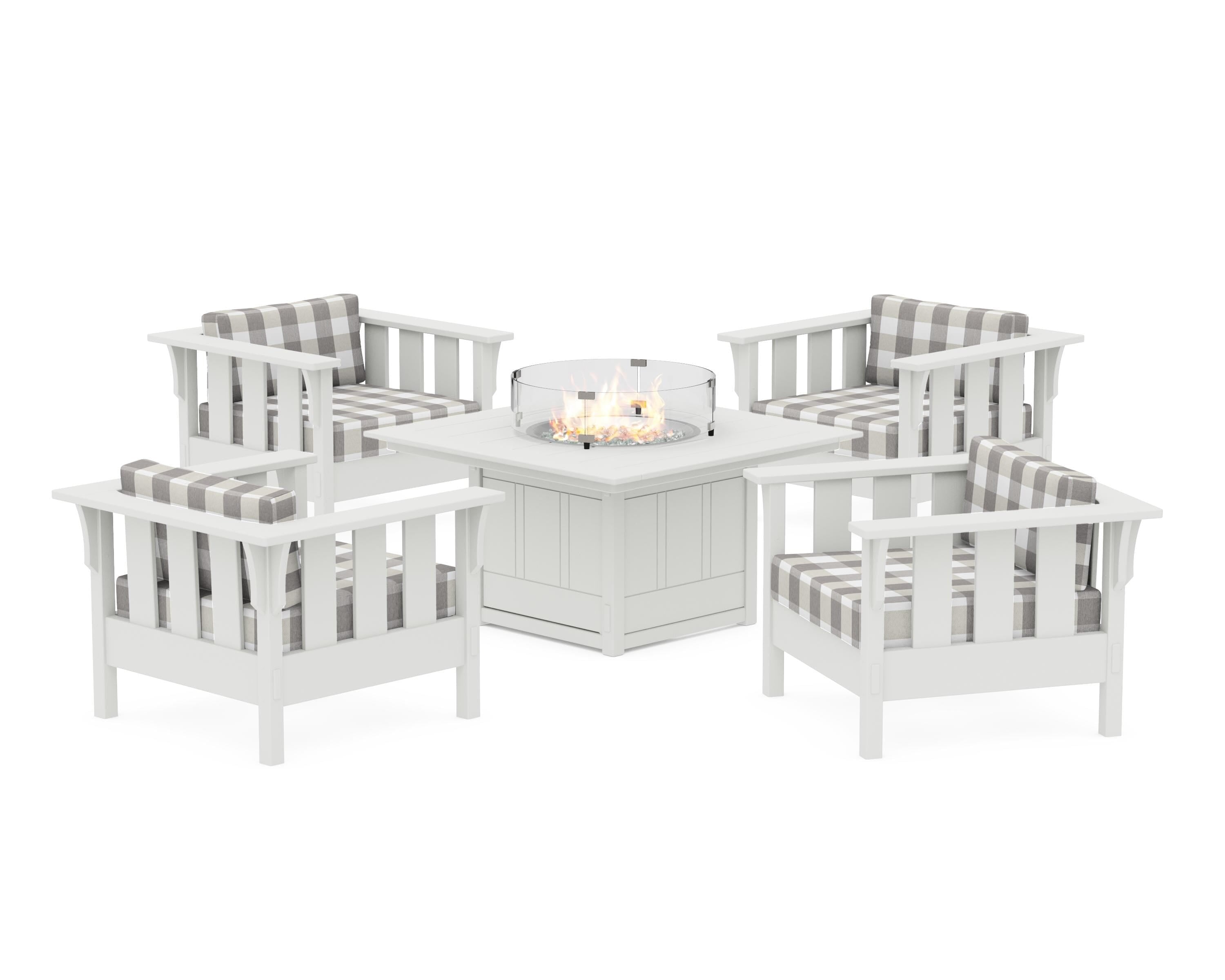 Martha Stewart by POLYWOOD® Acadia 5-Piece Deep Seating Set with Fire Pit Table in White / Buffalo Plaid Grey Mist