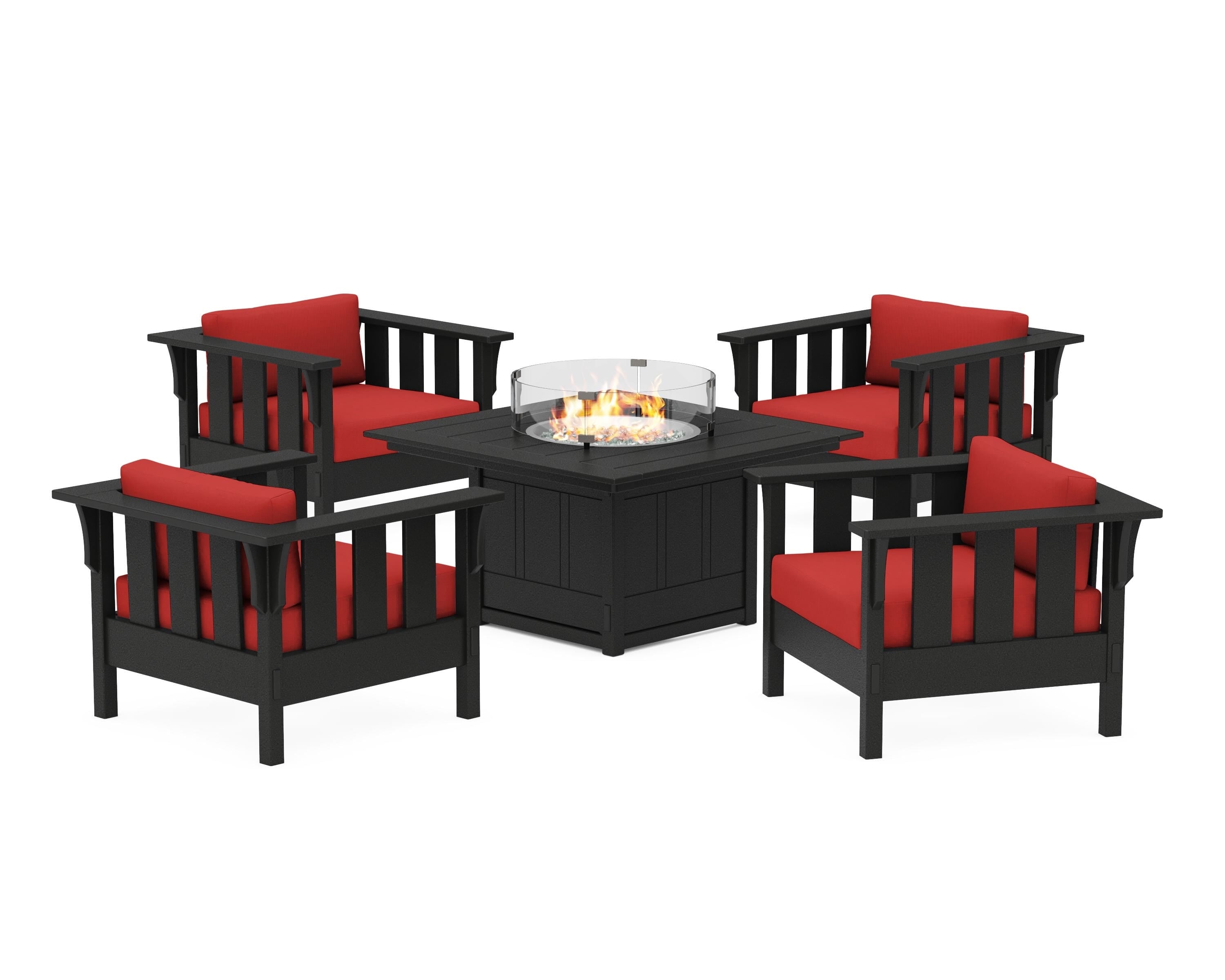Martha Stewart by POLYWOOD® Acadia 5-Piece Deep Seating Set with Fire Pit Table in Black / Crimson Linen