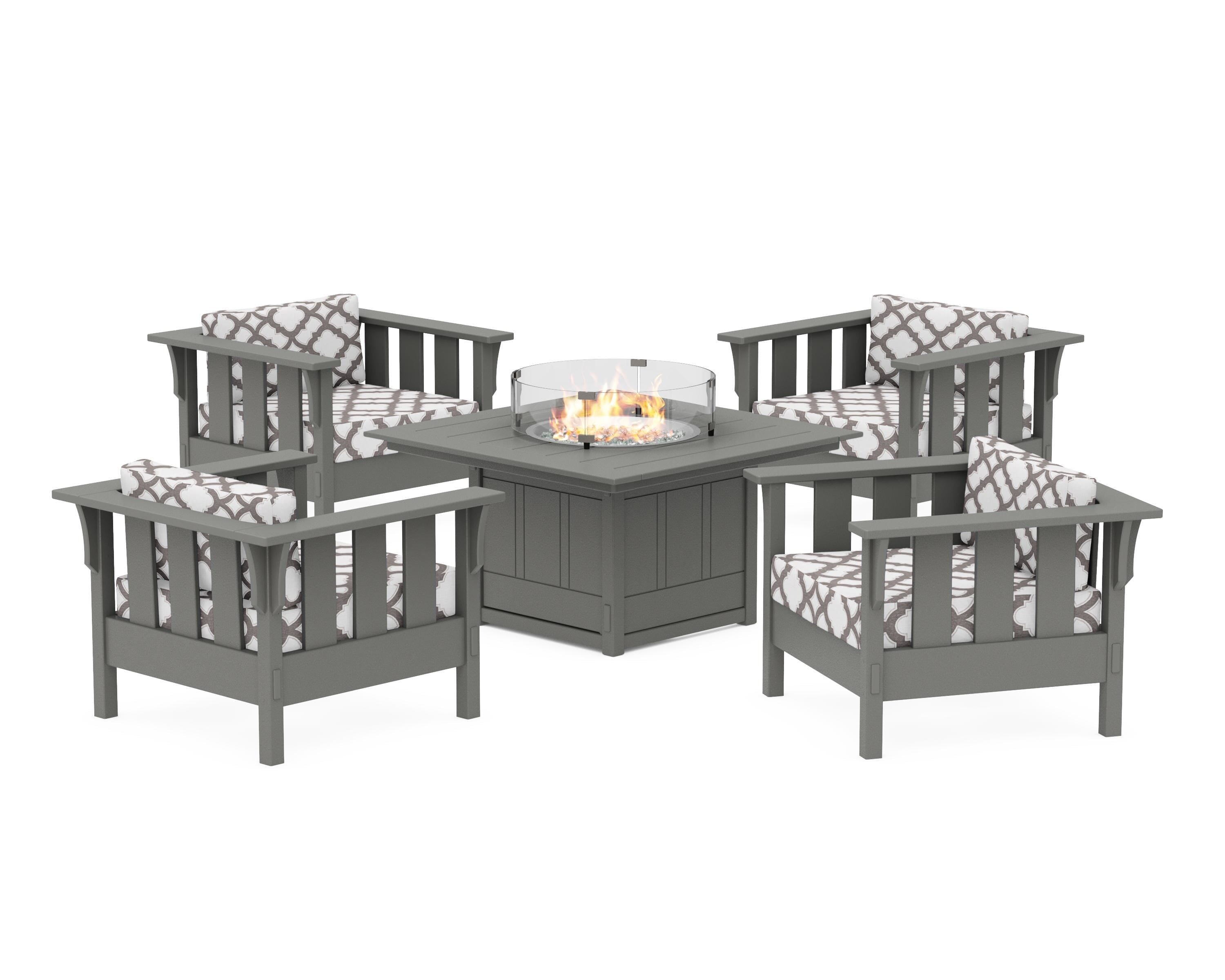 Martha Stewart by POLYWOOD® Acadia 5-Piece Deep Seating Set with Fire Pit Table in Slate Grey / Trellis Grey Mist