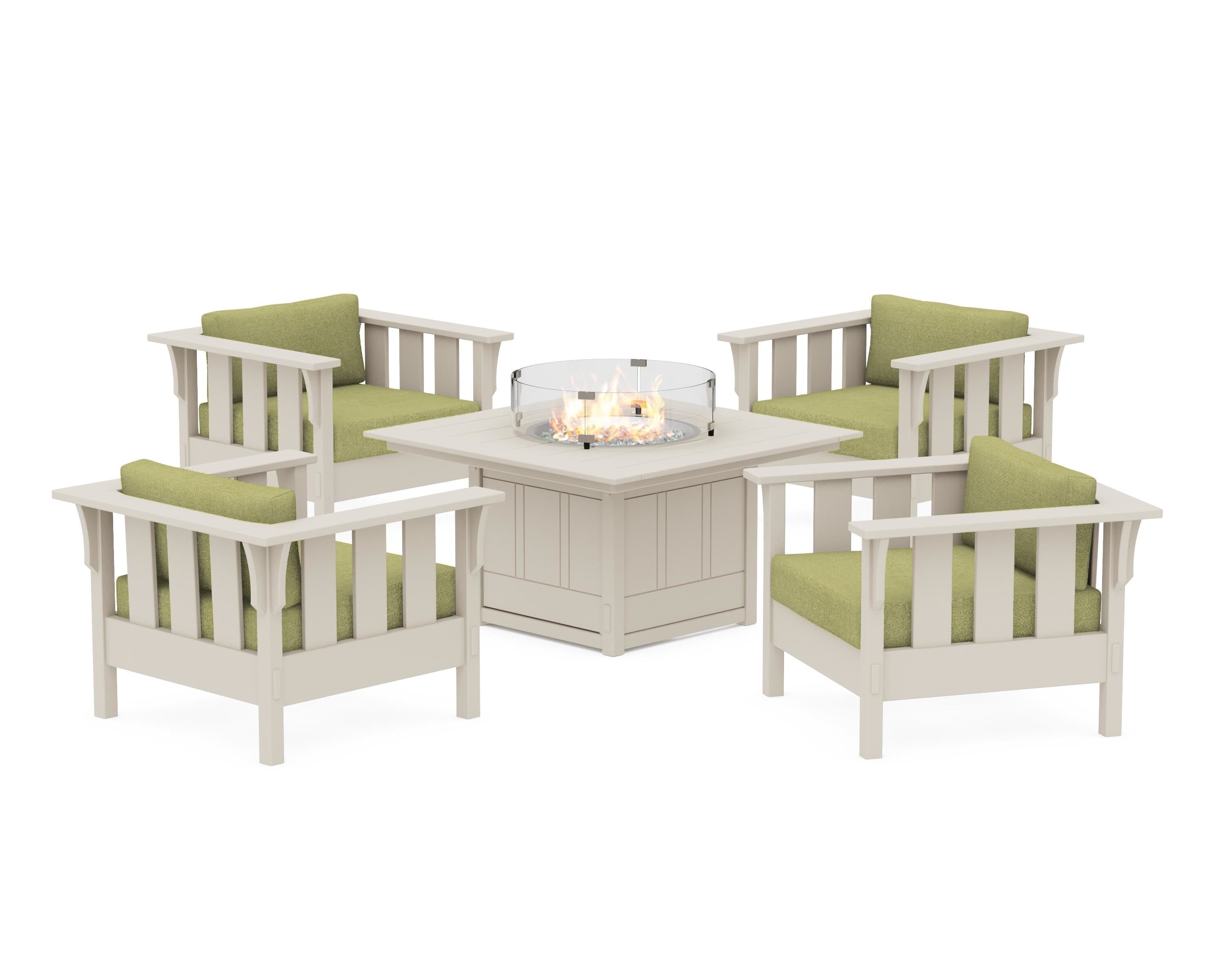 Martha Stewart by POLYWOOD® Acadia 5-Piece Deep Seating Set with Fire Pit Table in Sand / Chartreuse Boucle