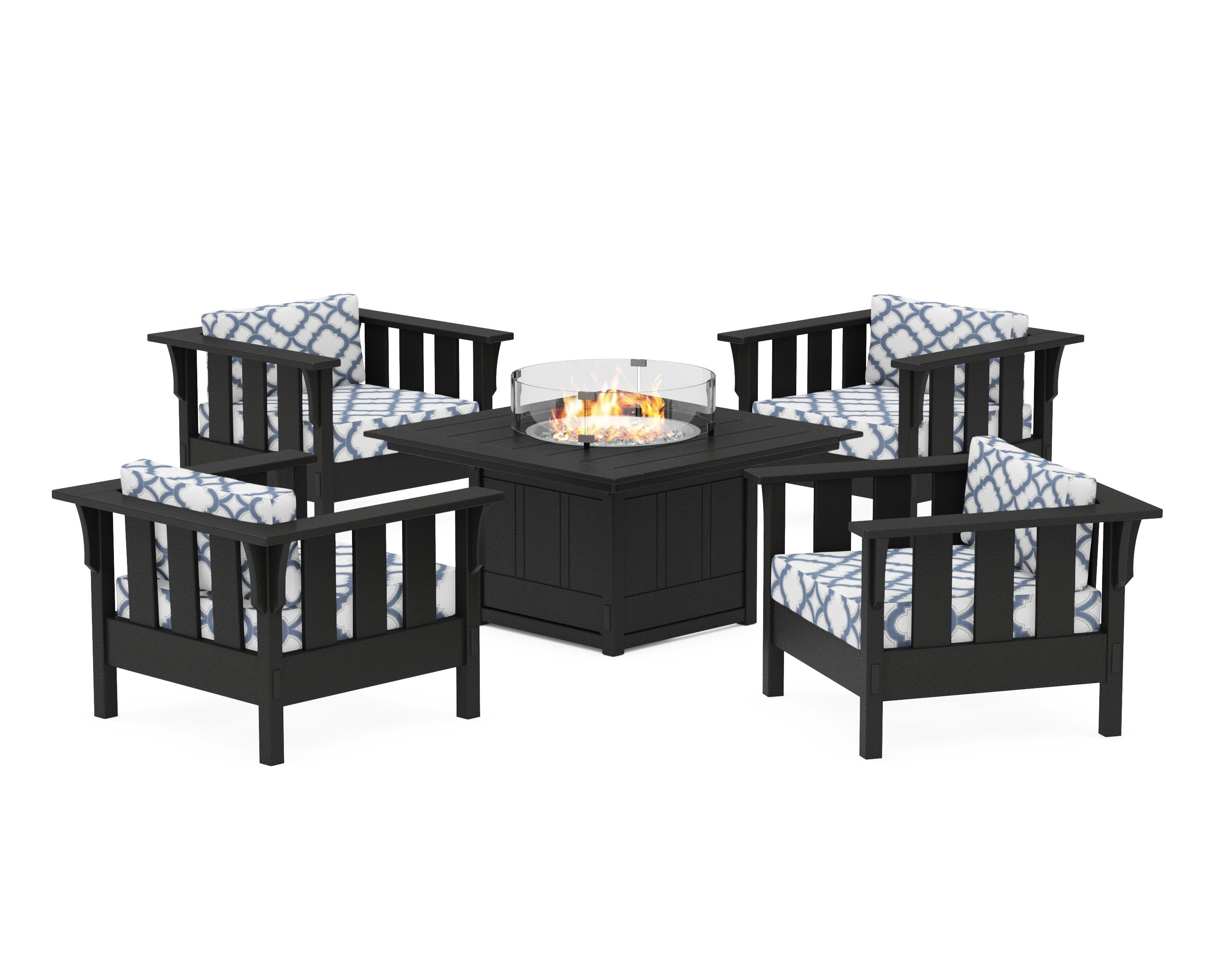 Martha Stewart by POLYWOOD® Acadia 5-Piece Deep Seating Set with Fire Pit Table in Black / Trellis Sky Blue
