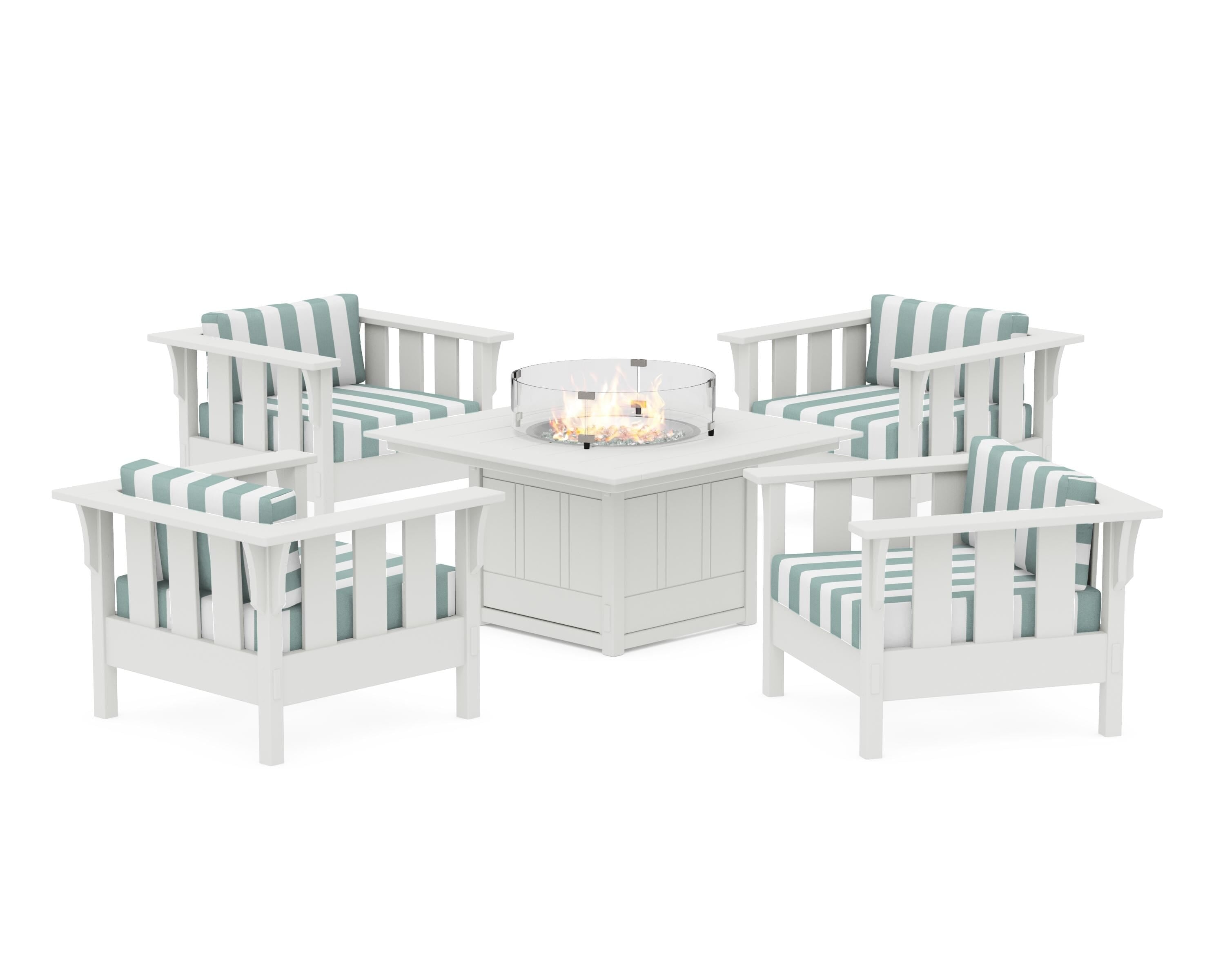 Martha Stewart by POLYWOOD® Acadia 5-Piece Deep Seating Set with Fire Pit Table in White / Cabana Stripe Glacier Spa