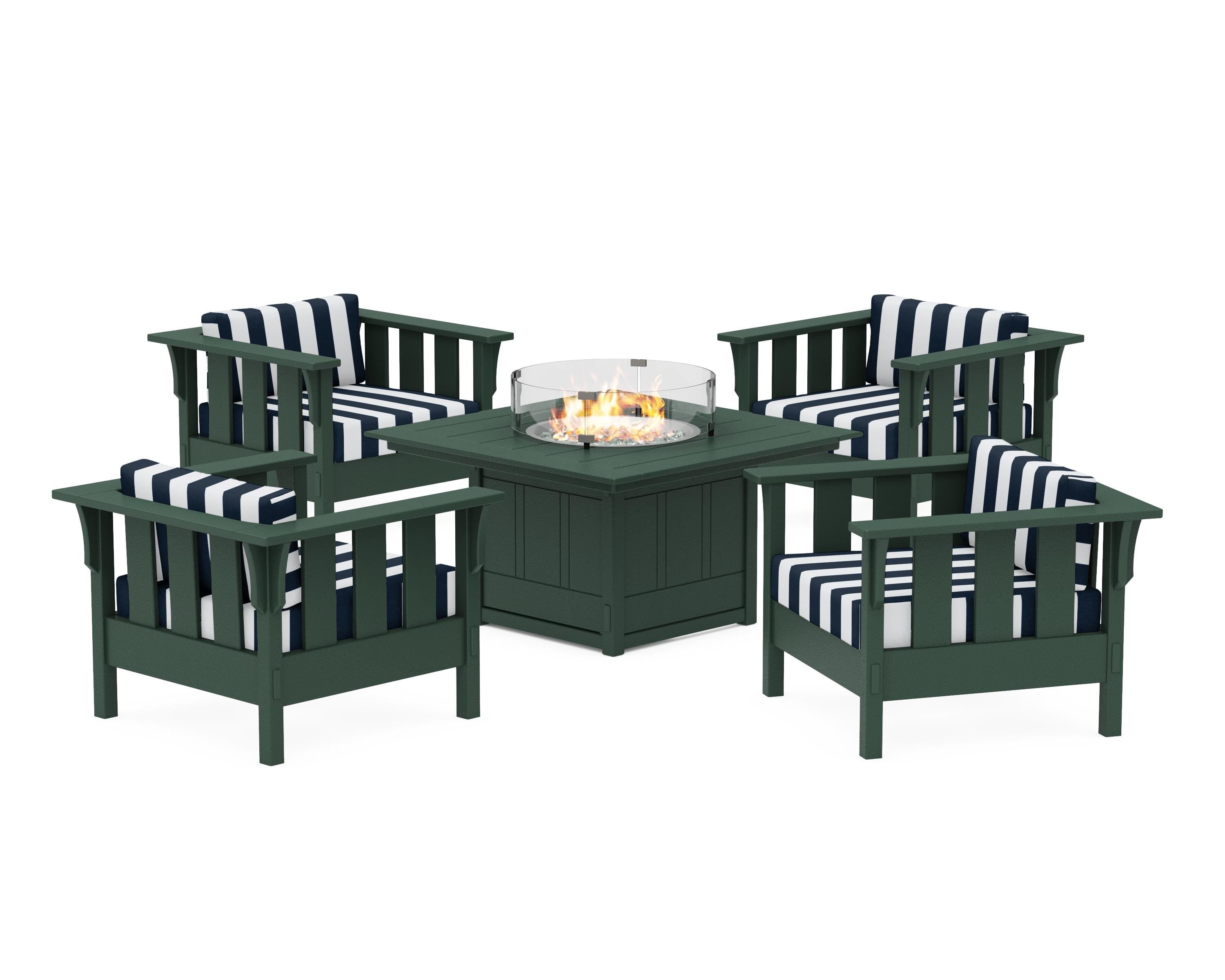 Martha Stewart by POLYWOOD® Acadia 5-Piece Deep Seating Set with Fire Pit Table in Green / Cabana Stripe Marine Indigo