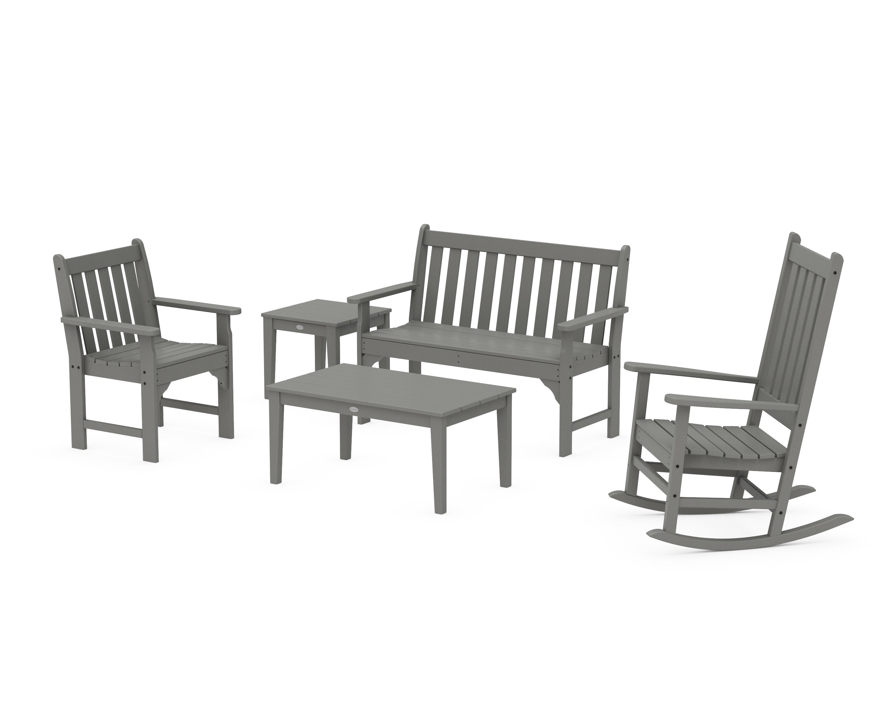 POLYWOOD® Vineyard 5-Piece Bench & Rocking Chair Set in Slate Grey
