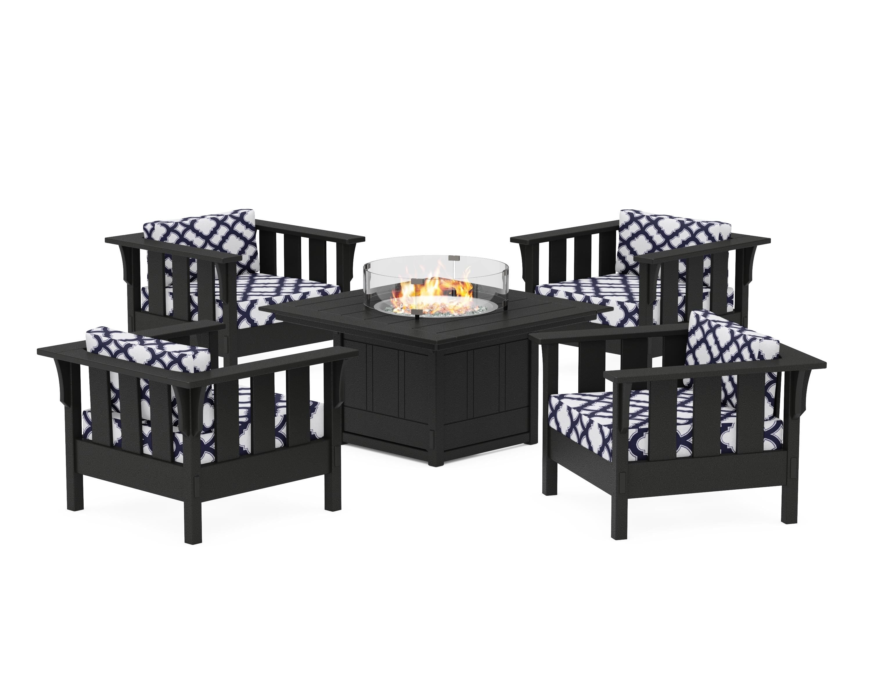 Martha Stewart by POLYWOOD® Acadia 5-Piece Deep Seating Set with Fire Pit Table in Black / Trellis Navy