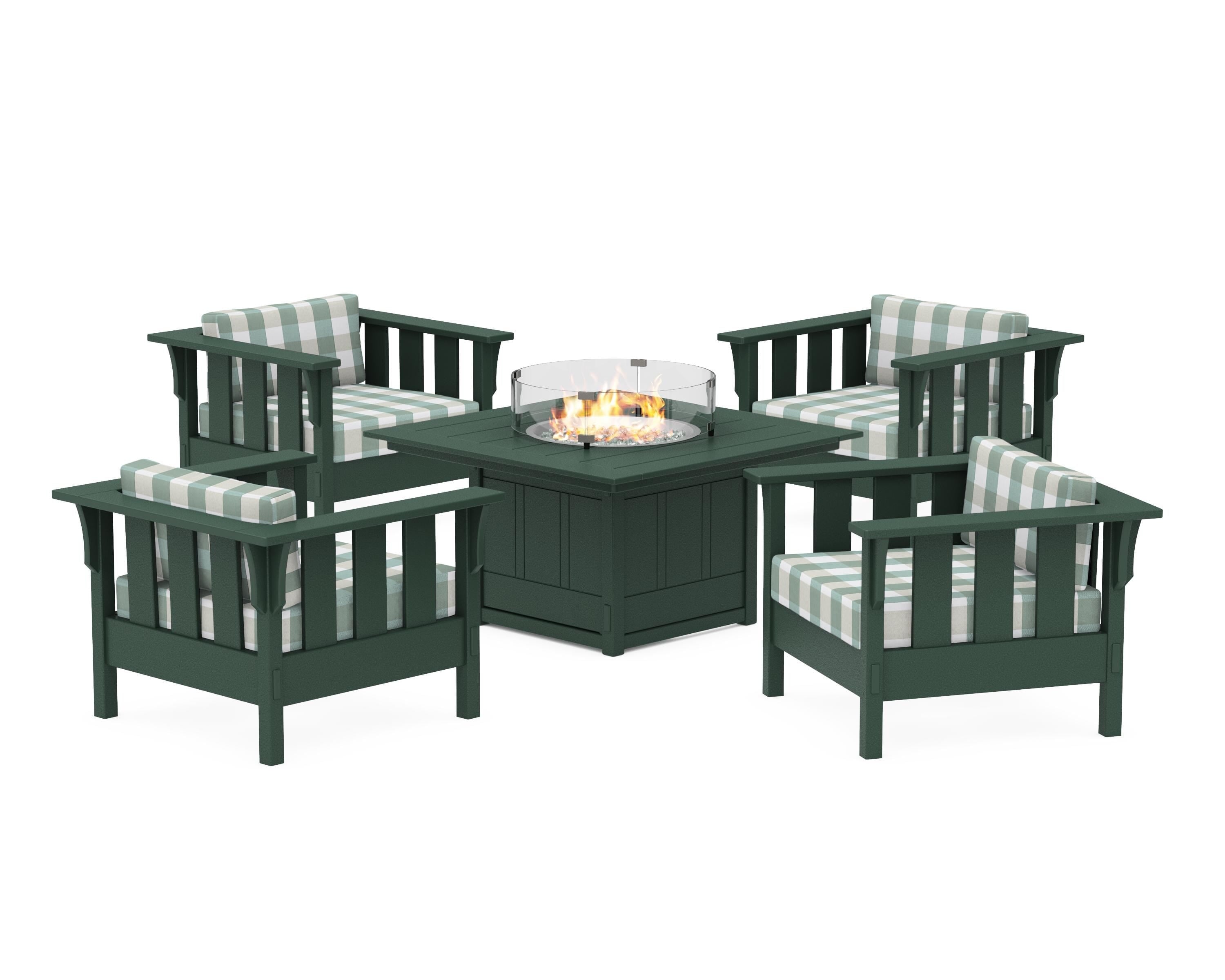Martha Stewart by POLYWOOD® Acadia 5-Piece Deep Seating Set with Fire Pit Table in Green / Buffalo Plaid Glacier Spa