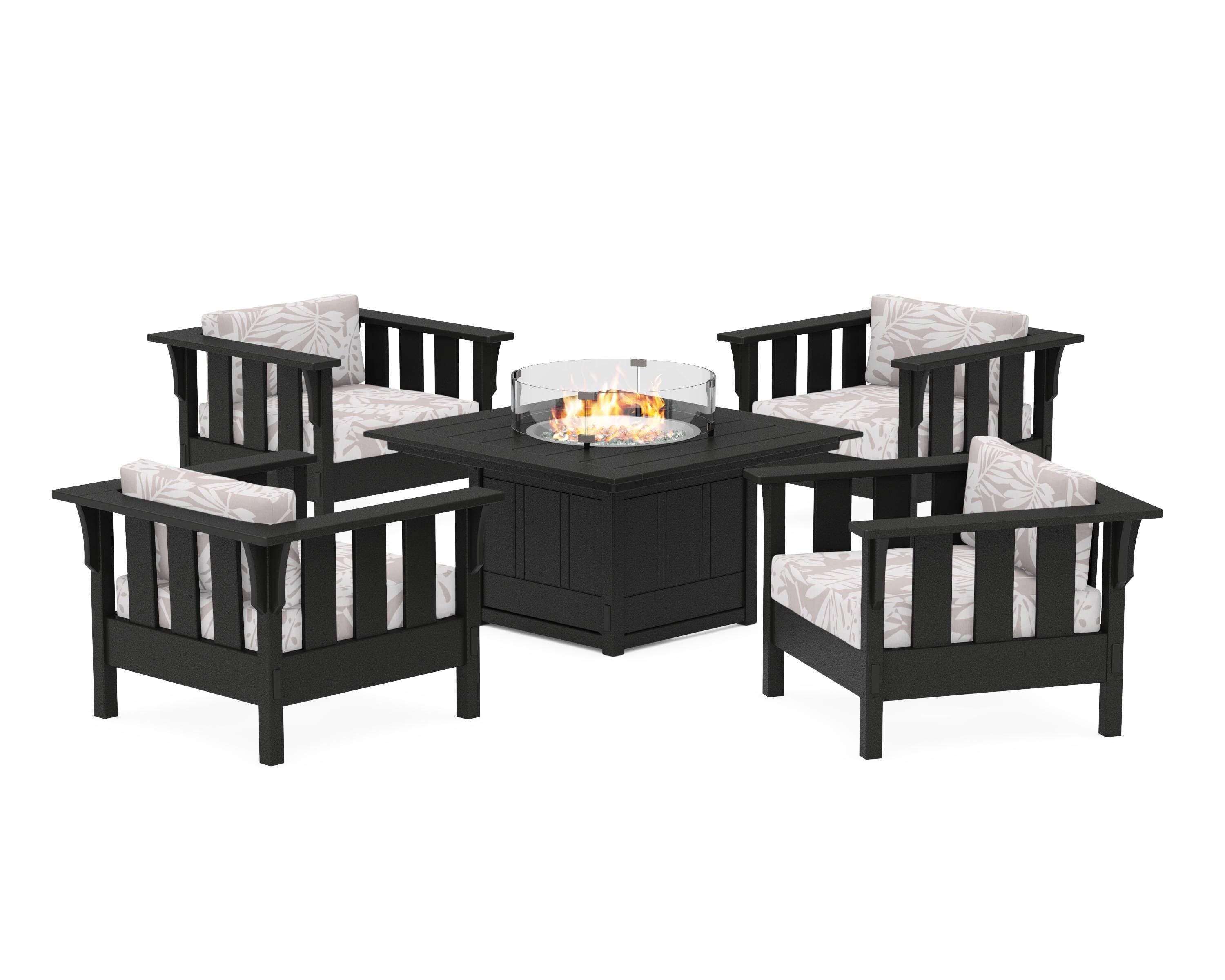 Martha Stewart by POLYWOOD® Acadia 5-Piece Deep Seating Set with Fire Pit Table in Black / Leaf Dune Burlap