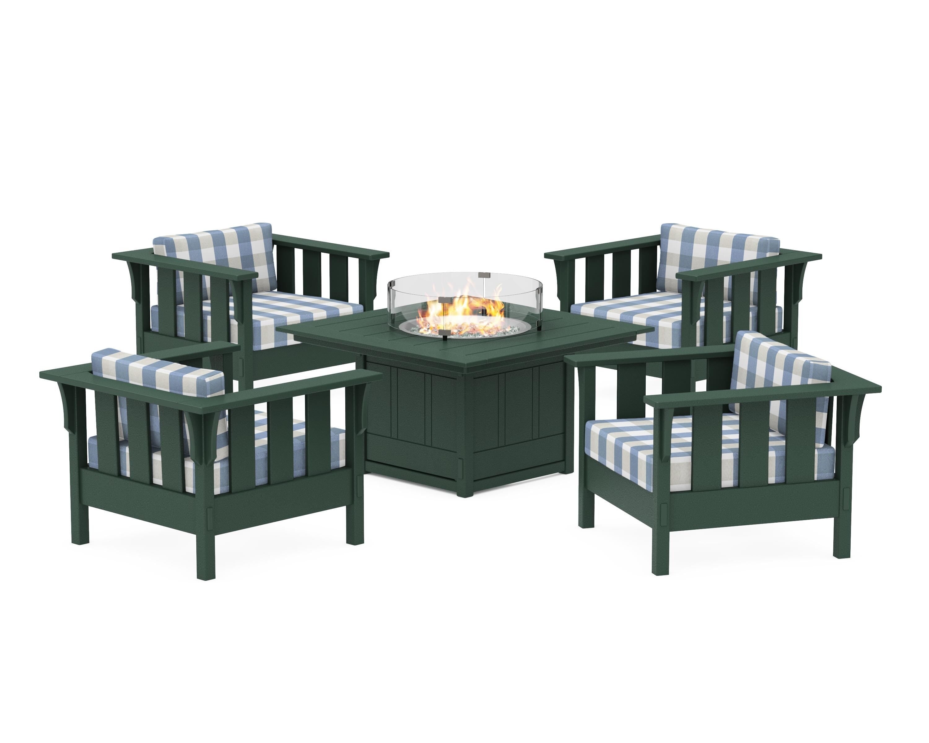 Martha Stewart by POLYWOOD® Acadia 5-Piece Deep Seating Set with Fire Pit Table in Green / Buffalo Plaid Sky Blue
