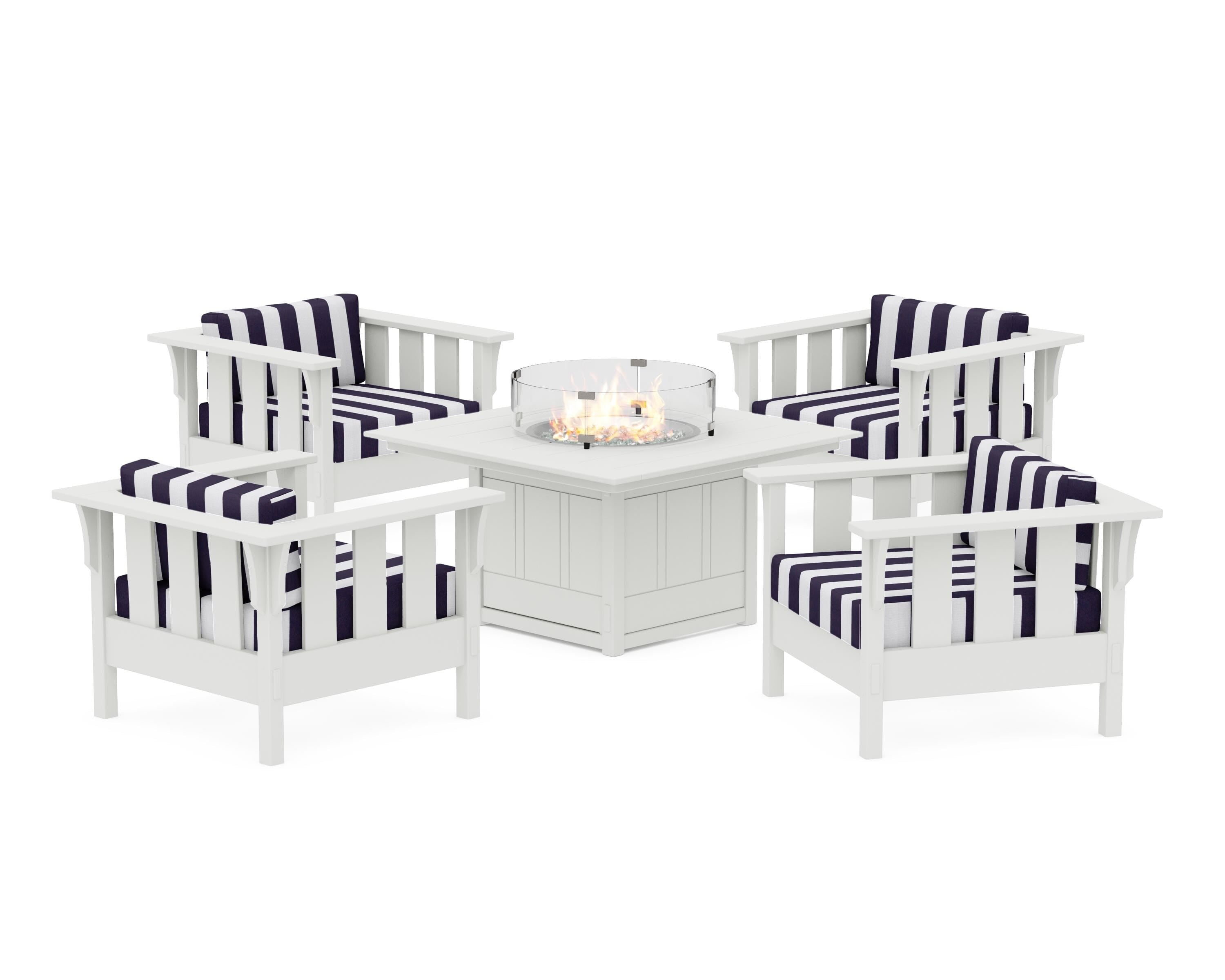 Martha Stewart by POLYWOOD® Acadia 5-Piece Deep Seating Set with Fire Pit Table in White / Cabana Stripe Navy