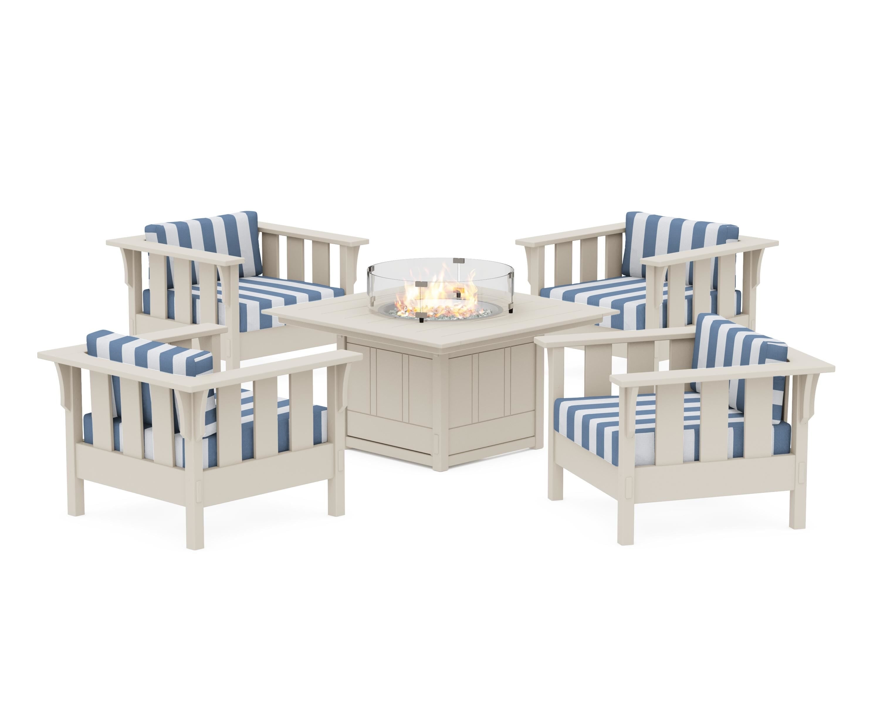Martha Stewart by POLYWOOD® Acadia 5-Piece Deep Seating Set with Fire Pit Table in Sand / Cabana Stripe Sky Blue