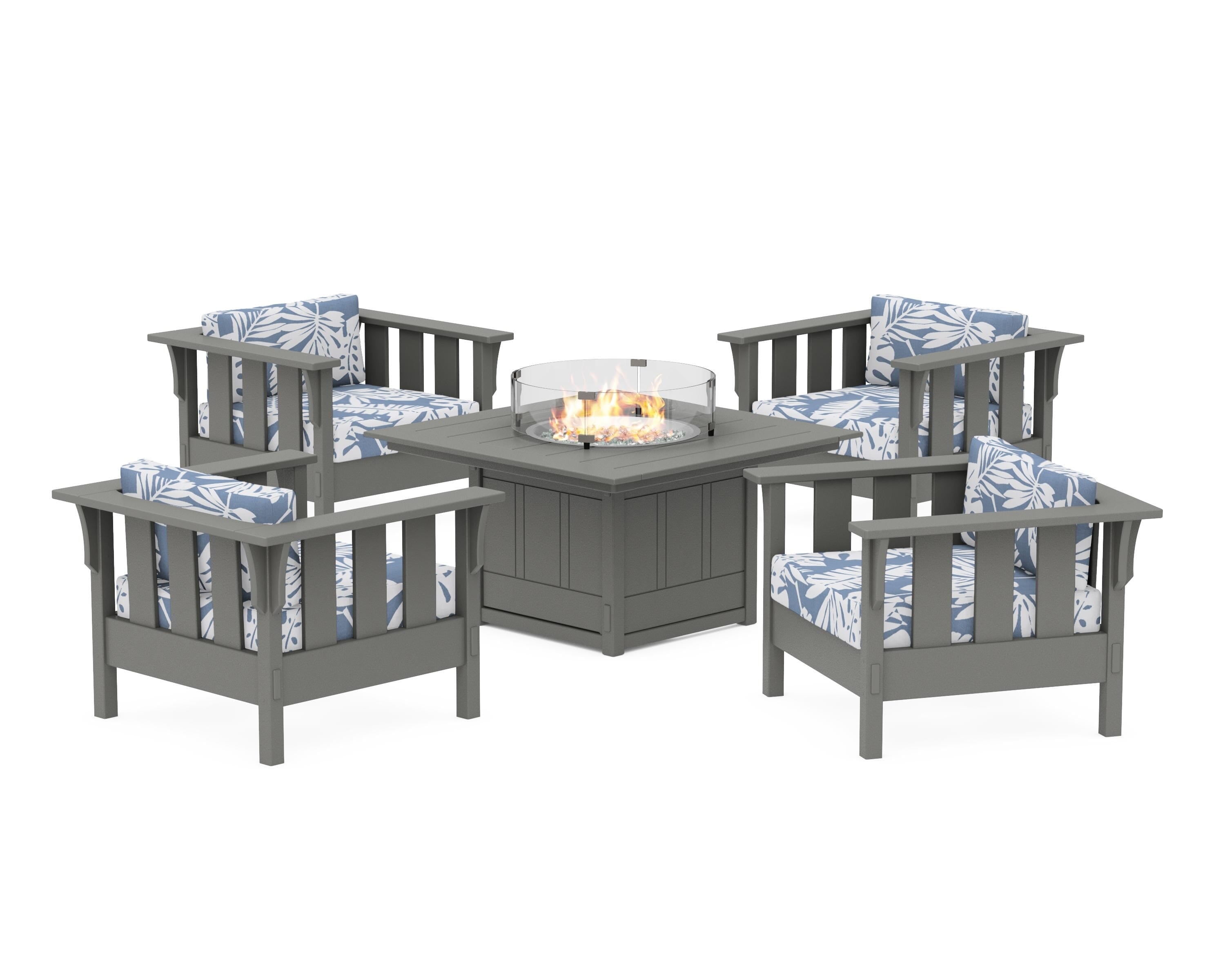 Martha Stewart by POLYWOOD® Acadia 5-Piece Deep Seating Set with Fire Pit Table in Slate Grey / Leaf Sky Blue
