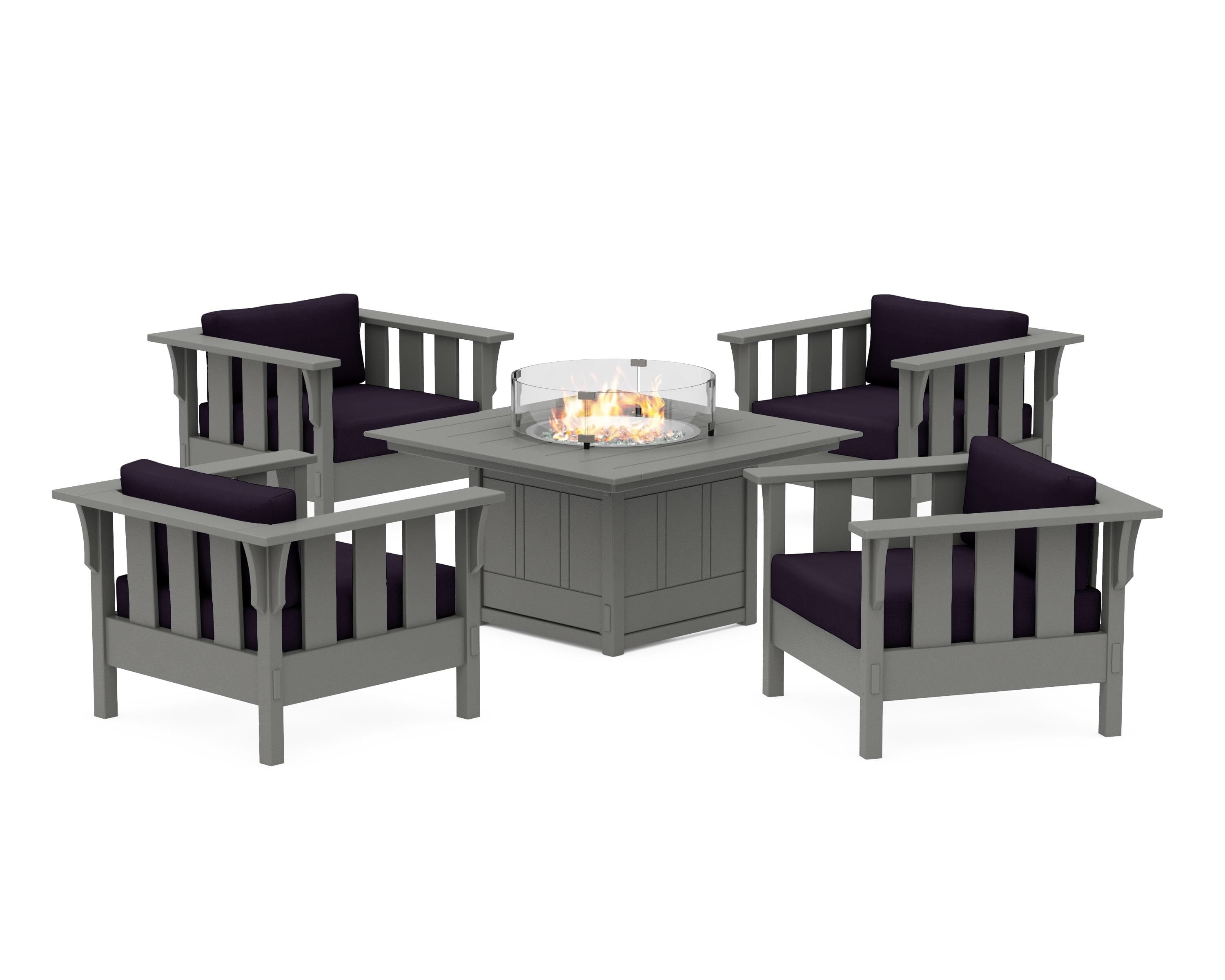 Martha Stewart by POLYWOOD® Acadia 5-Piece Deep Seating Set with Fire Pit Table in Slate Grey / Navy Linen