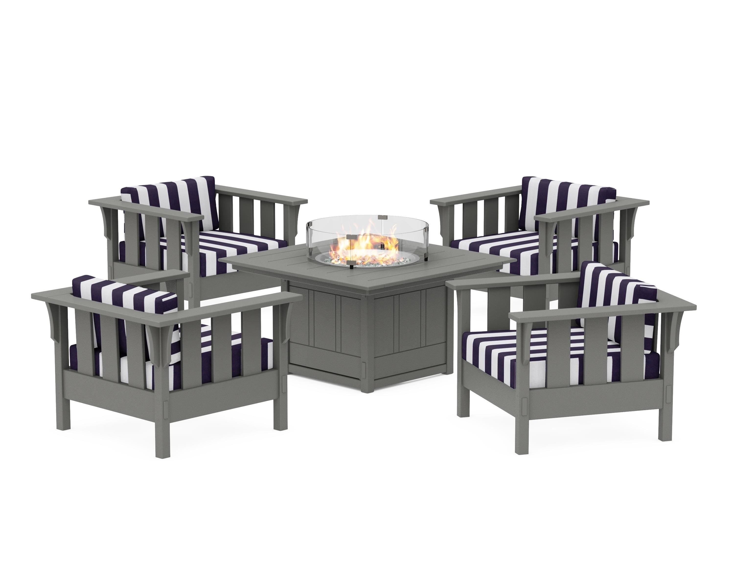 Martha Stewart by POLYWOOD® Acadia 5-Piece Deep Seating Set with Fire Pit Table in Slate Grey / Cabana Stripe Navy