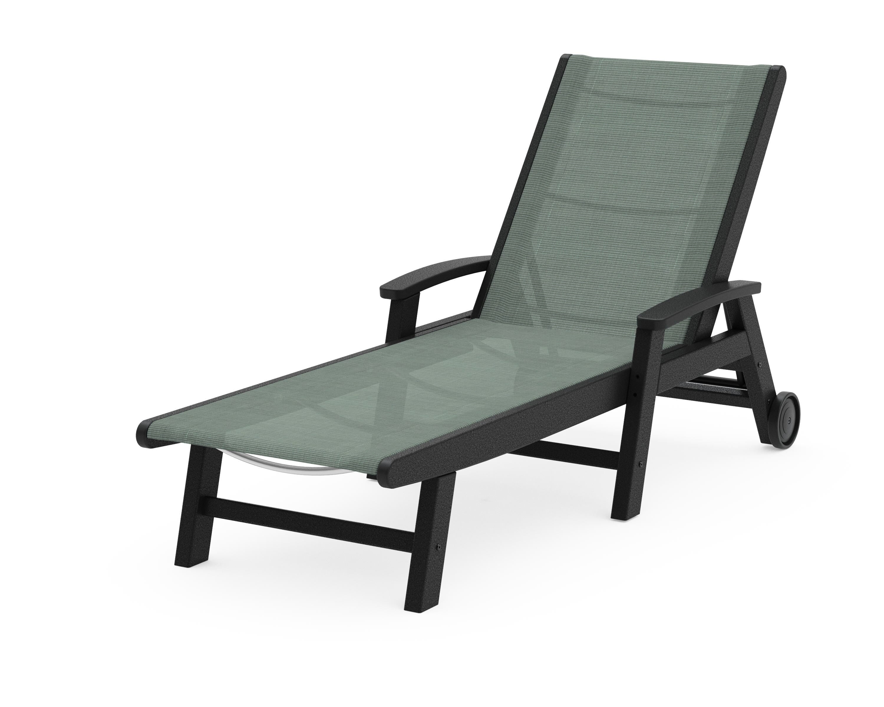 POLYWOOD® Coastal Chaise with Wheels in Black / Dupioni Sea Mist Sling