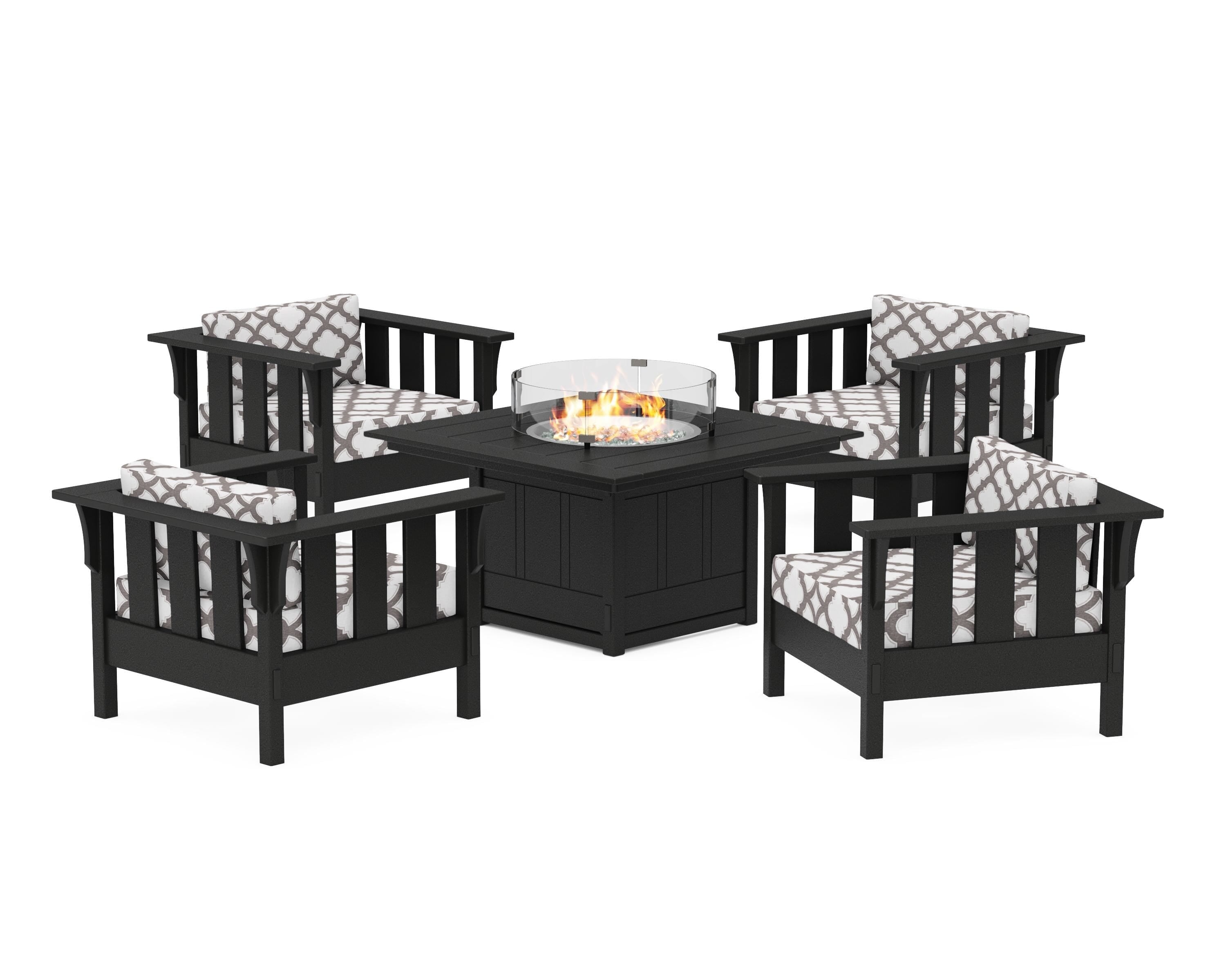 Martha Stewart by POLYWOOD® Acadia 5-Piece Deep Seating Set with Fire Pit Table in Black / Trellis Grey Mist
