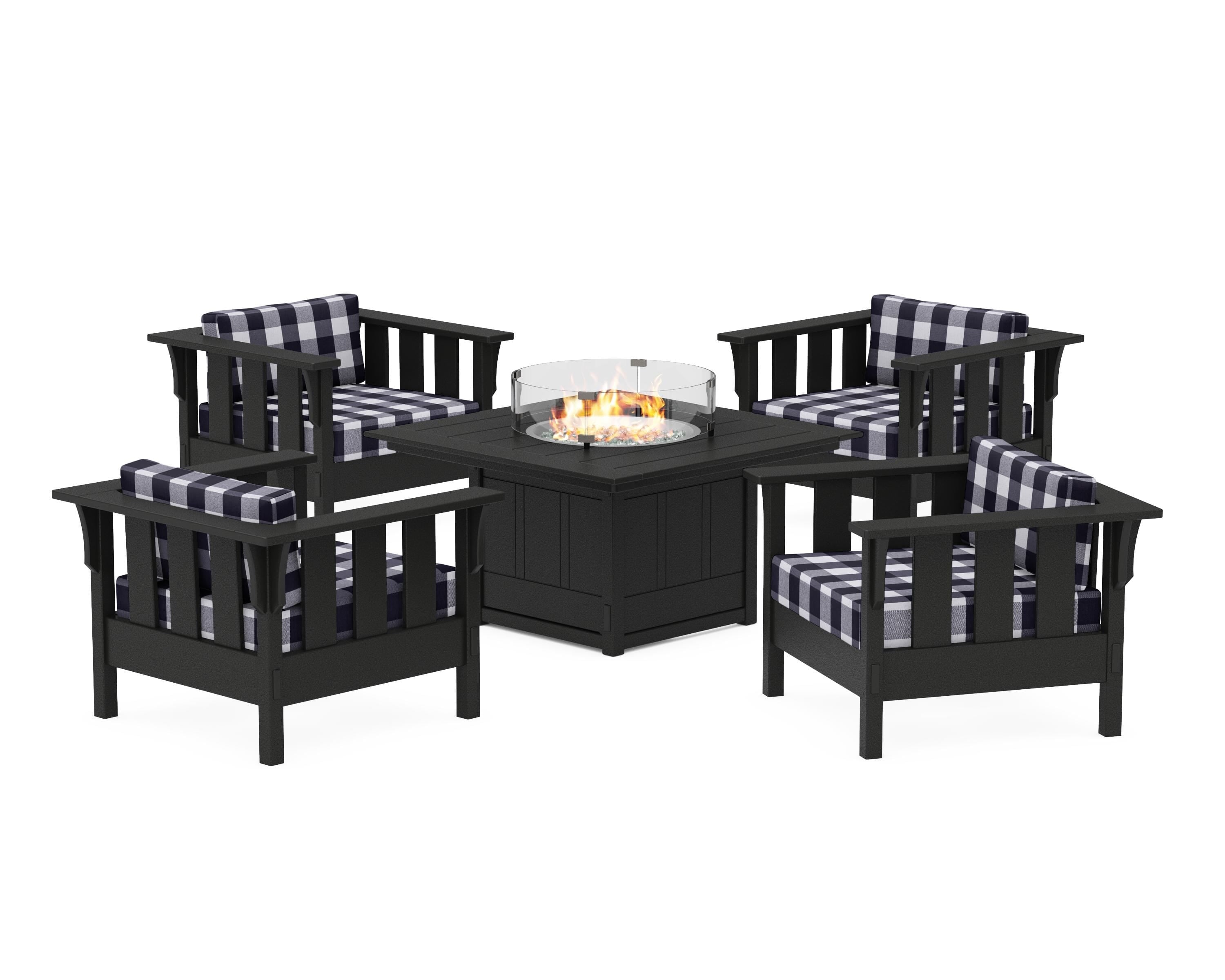Martha Stewart by POLYWOOD® Acadia 5-Piece Deep Seating Set with Fire Pit Table in Black / Buffalo Plaid Navy