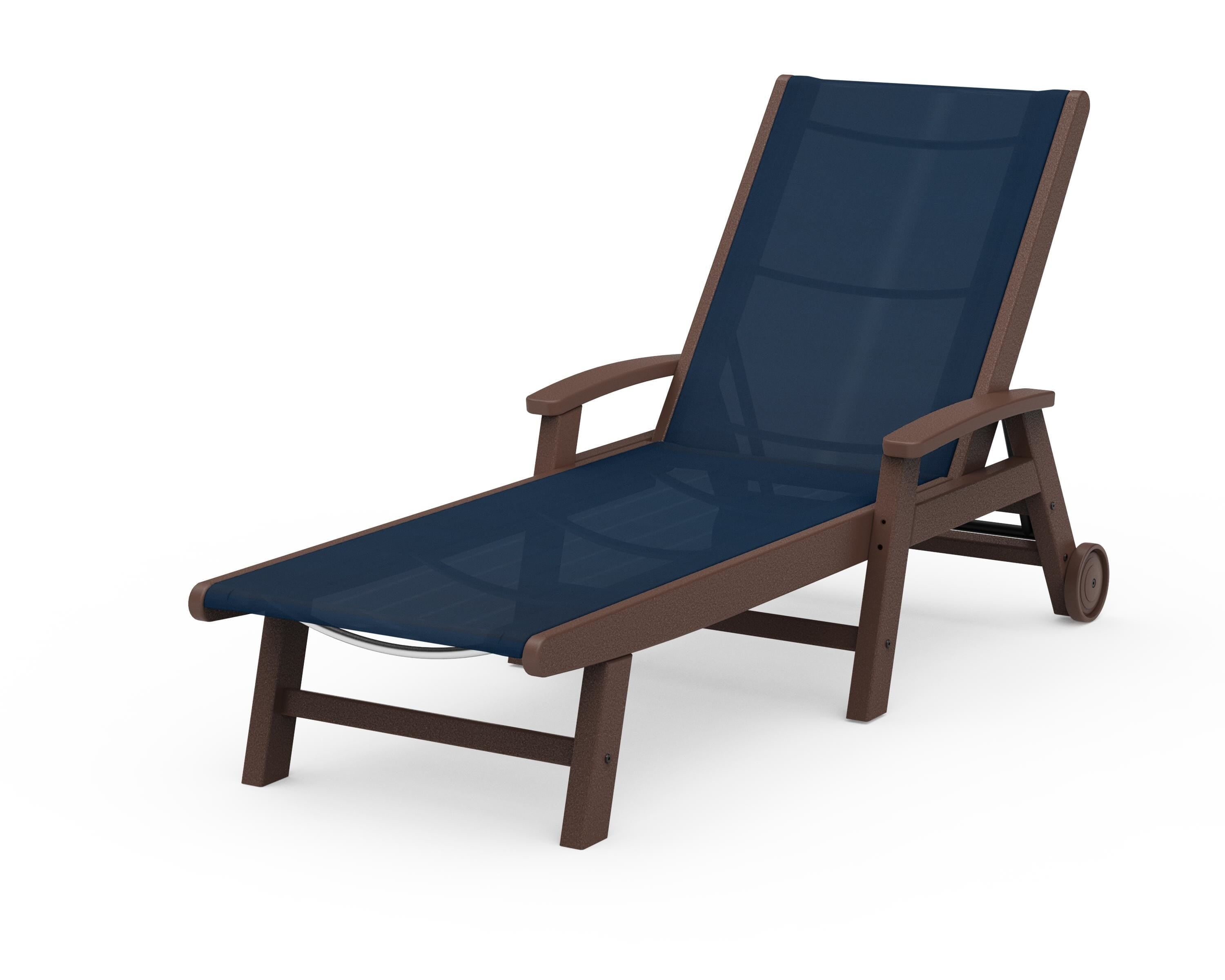 POLYWOOD® Coastal Chaise with Wheels in Mahogany / Navy Blue Sling