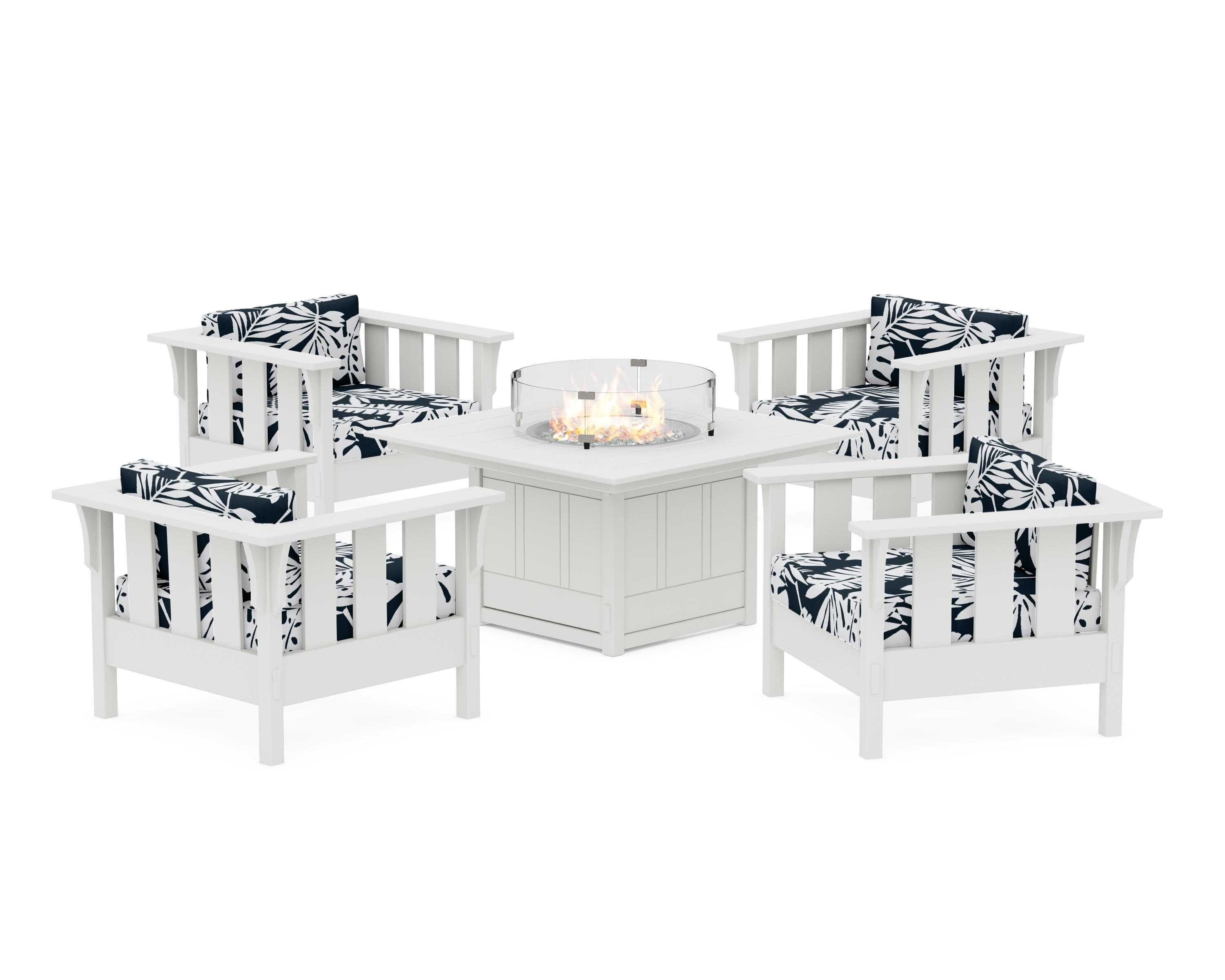 Martha Stewart by POLYWOOD® Acadia 5-Piece Deep Seating Set with Fire Pit Table in White / Leaf Marine Indigo