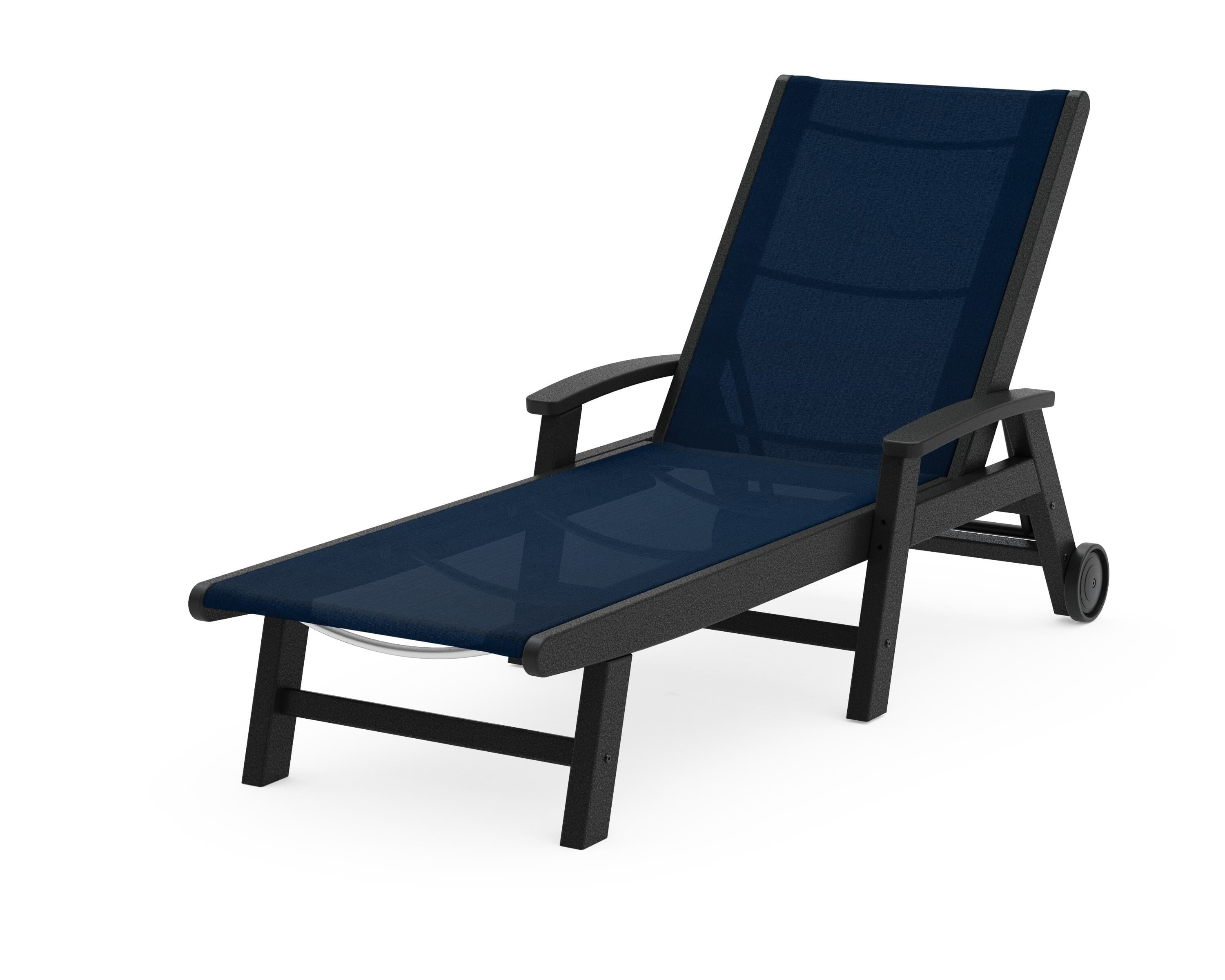 POLYWOOD® Coastal Chaise with Wheels in Black / Navy Blue Sling