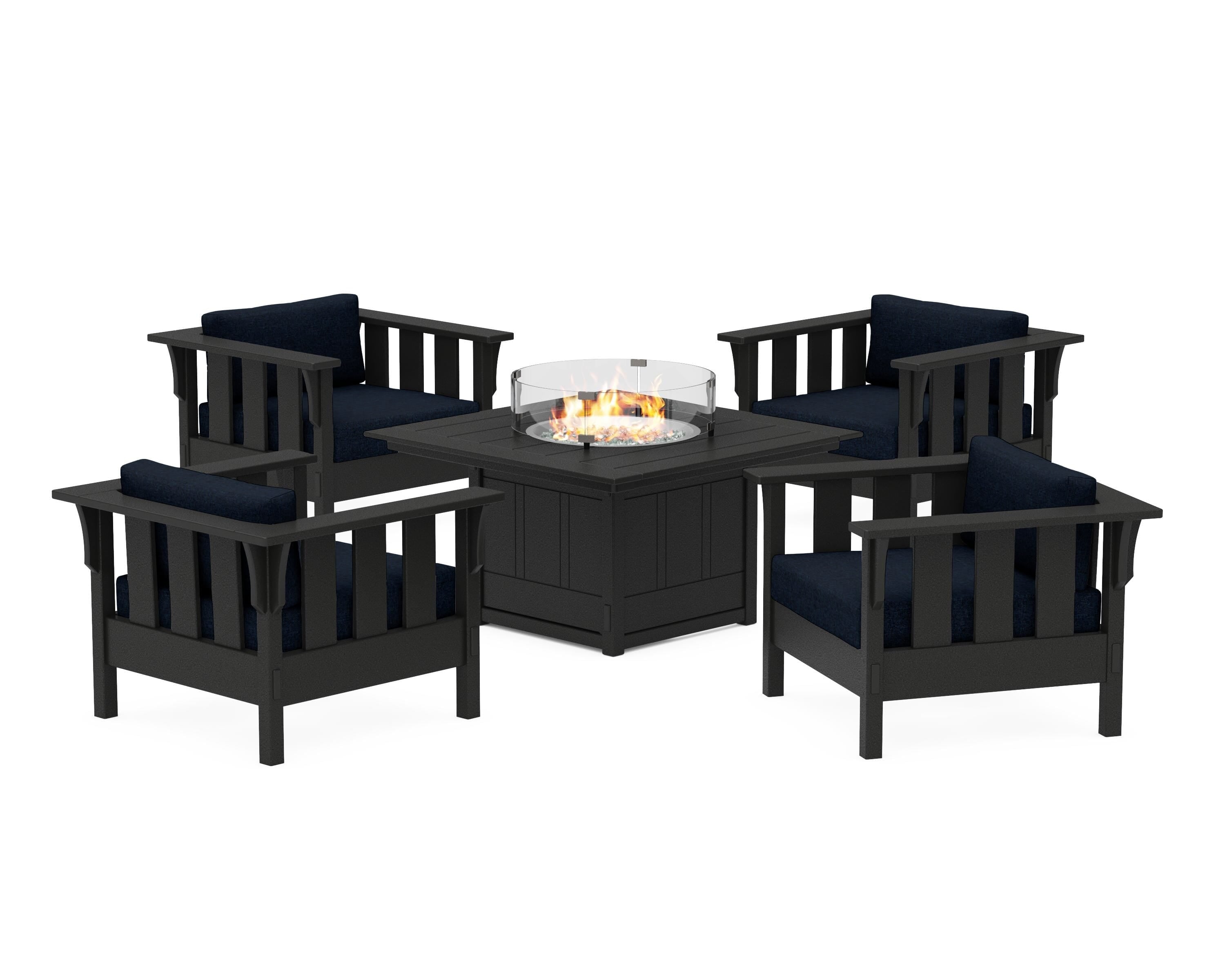 Martha Stewart by POLYWOOD® Acadia 5-Piece Deep Seating Set with Fire Pit Table in Black / Marine Indigo