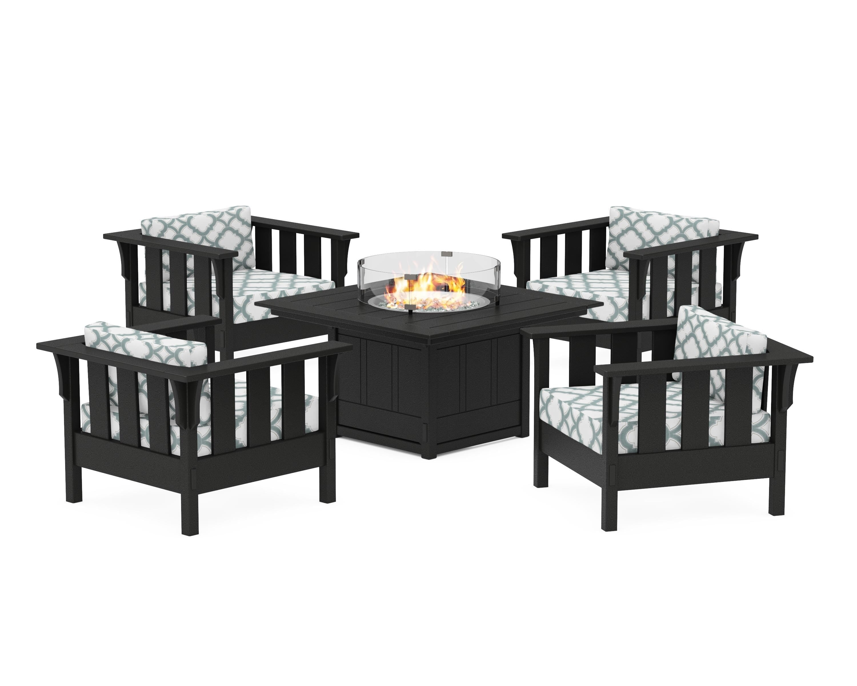Martha Stewart by POLYWOOD® Acadia 5-Piece Deep Seating Set with Fire Pit Table in Black / Trellis Glacier Spa