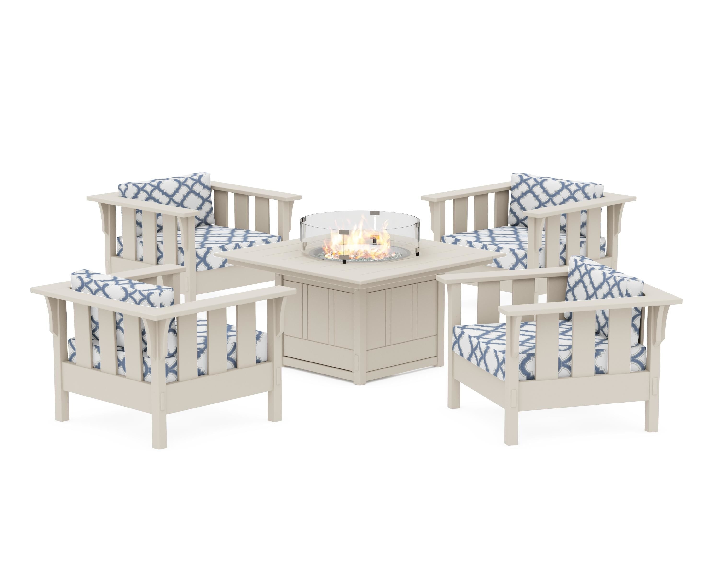 Martha Stewart by POLYWOOD® Acadia 5-Piece Deep Seating Set with Fire Pit Table in Sand / Trellis Sky Blue
