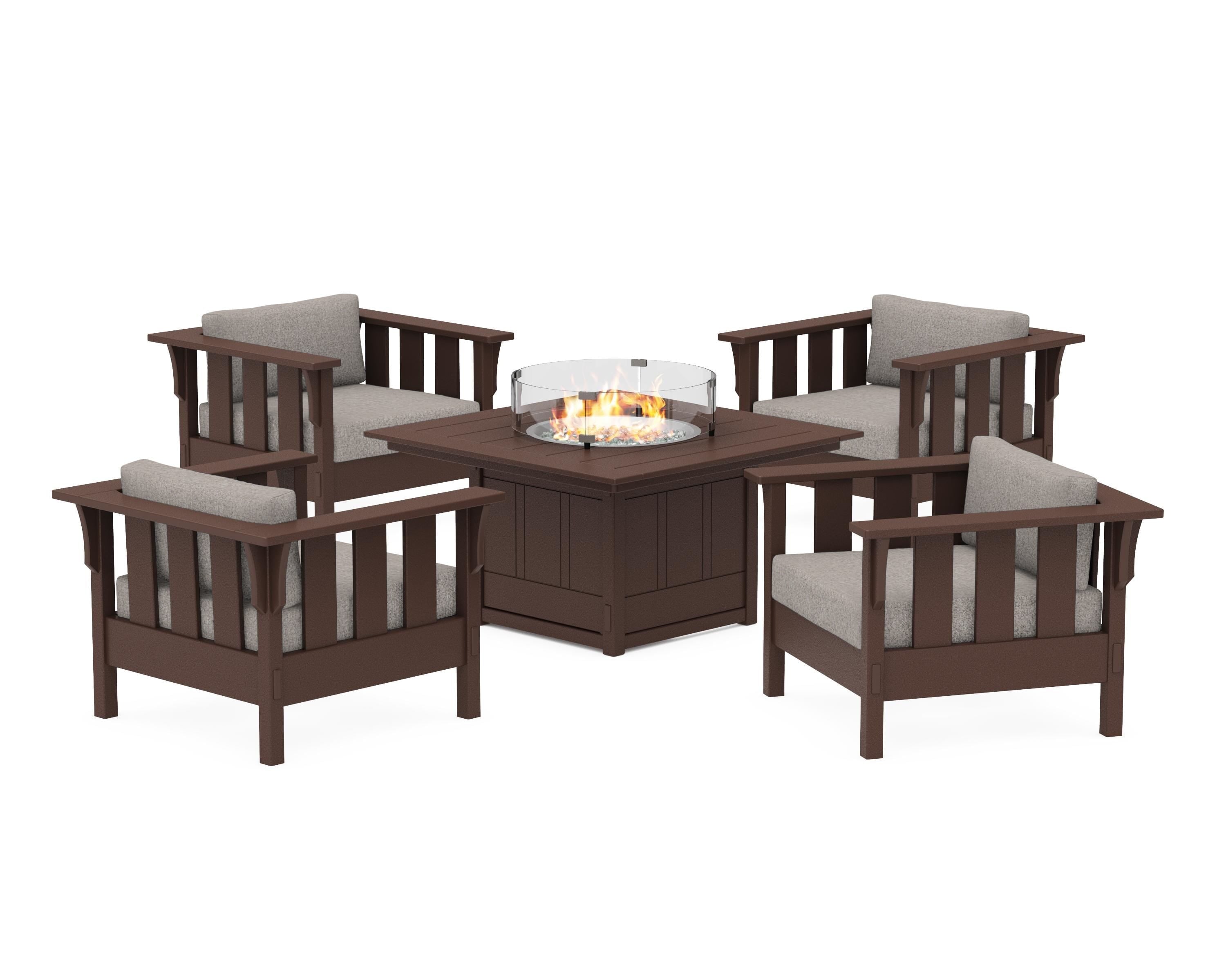 Martha Stewart by POLYWOOD® Acadia 5-Piece Deep Seating Set with Fire Pit Table in Mahogany / Weathered Tweed