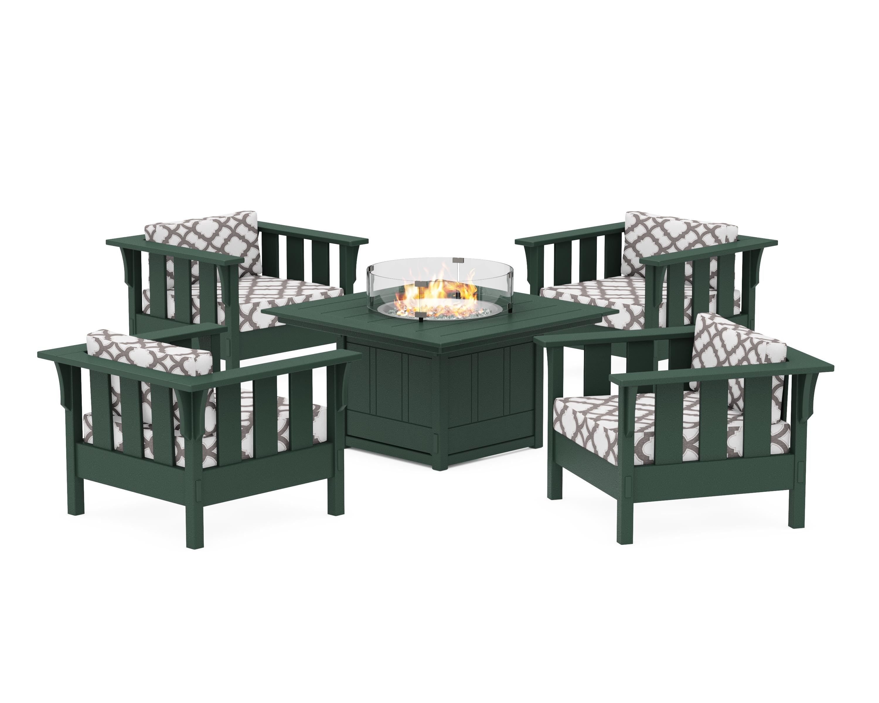 Martha Stewart by POLYWOOD® Acadia 5-Piece Deep Seating Set with Fire Pit Table in Green / Trellis Grey Mist
