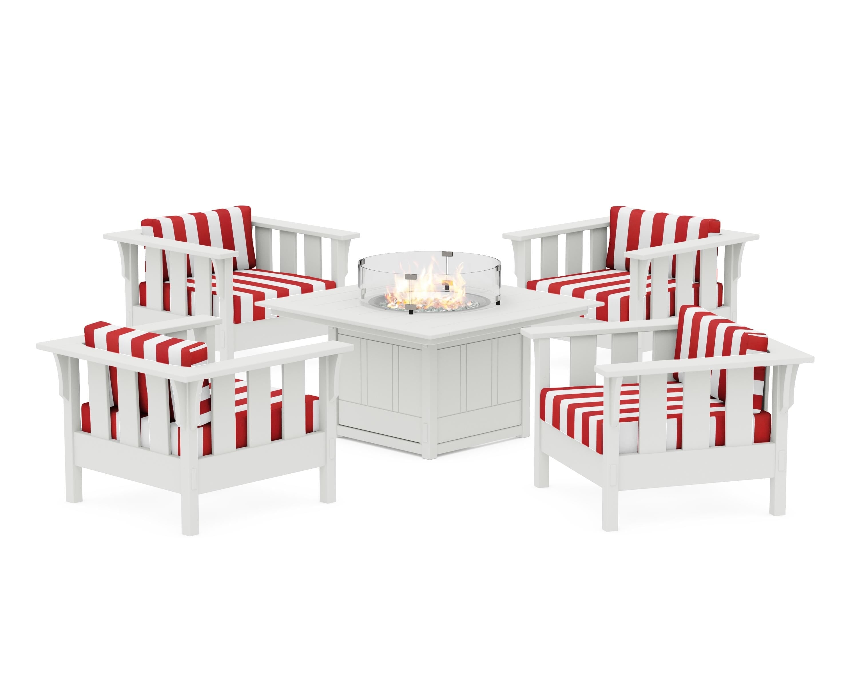 Martha Stewart by POLYWOOD® Acadia 5-Piece Deep Seating Set with Fire Pit Table in White / Cabana Stripe Crimson