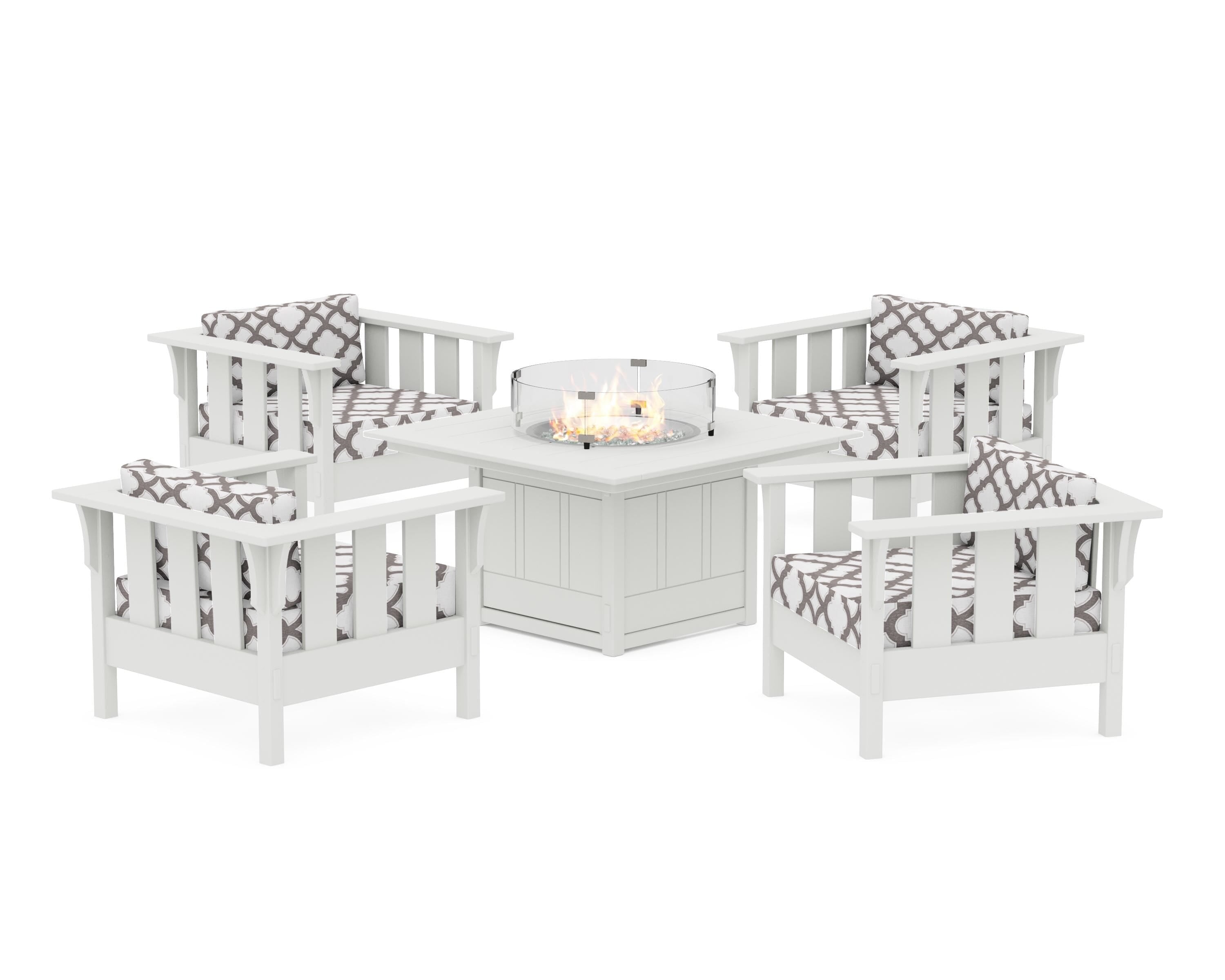 Martha Stewart by POLYWOOD® Acadia 5-Piece Deep Seating Set with Fire Pit Table in White / Trellis Grey Mist