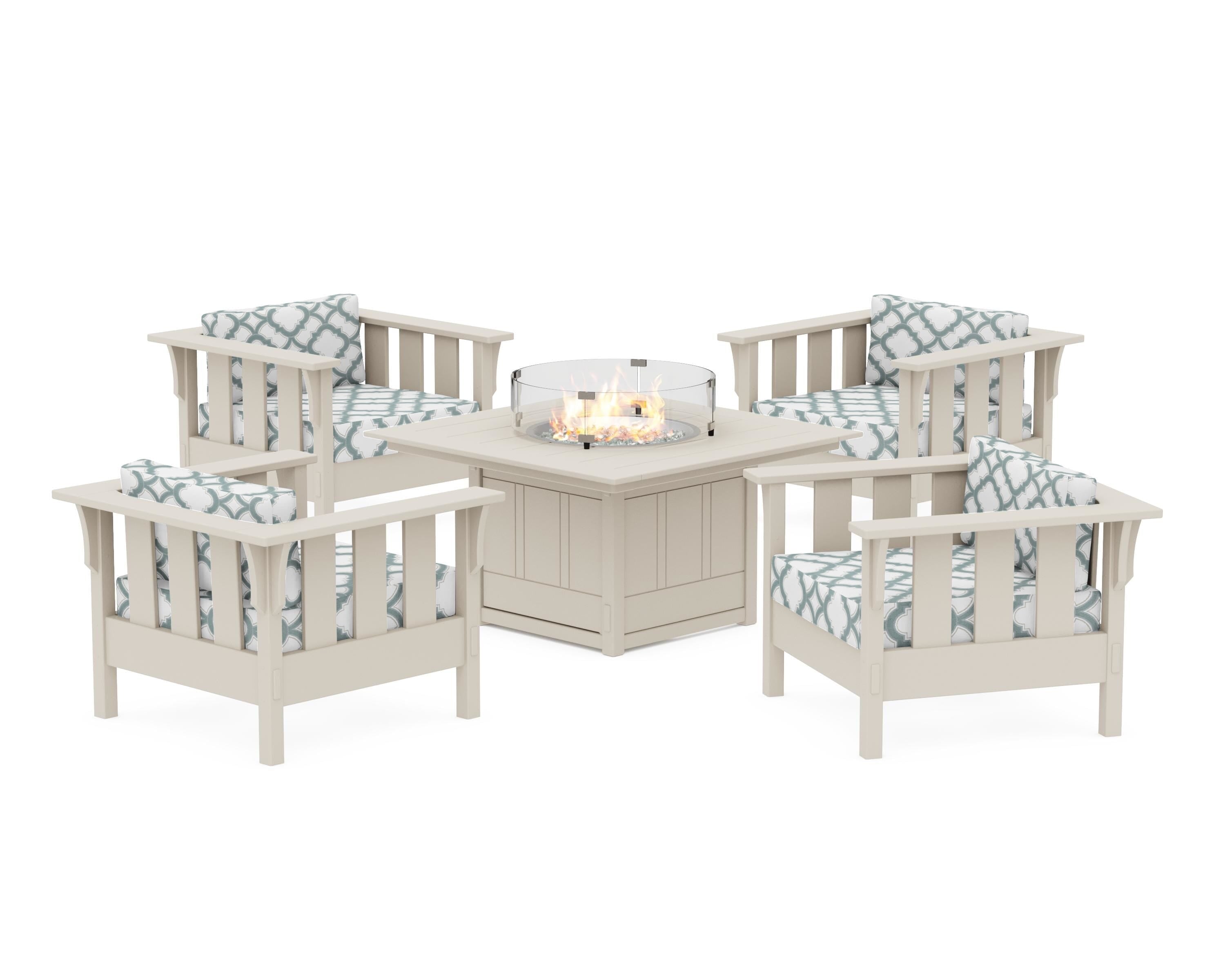 Martha Stewart by POLYWOOD® Acadia 5-Piece Deep Seating Set with Fire Pit Table in Sand / Trellis Glacier Spa
