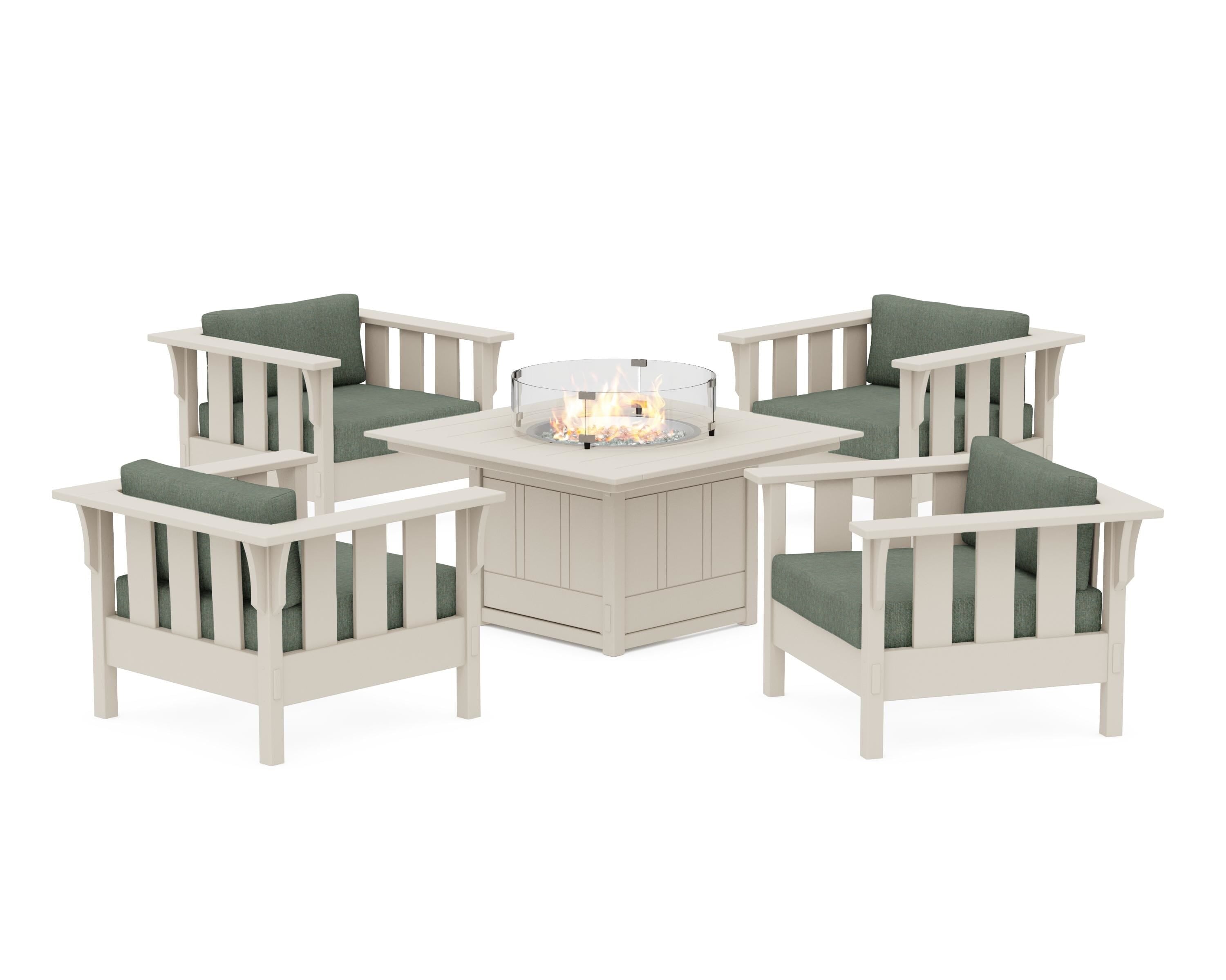 Martha Stewart by POLYWOOD® Acadia 5-Piece Deep Seating Set with Fire Pit Table in Sand / Cast Sage