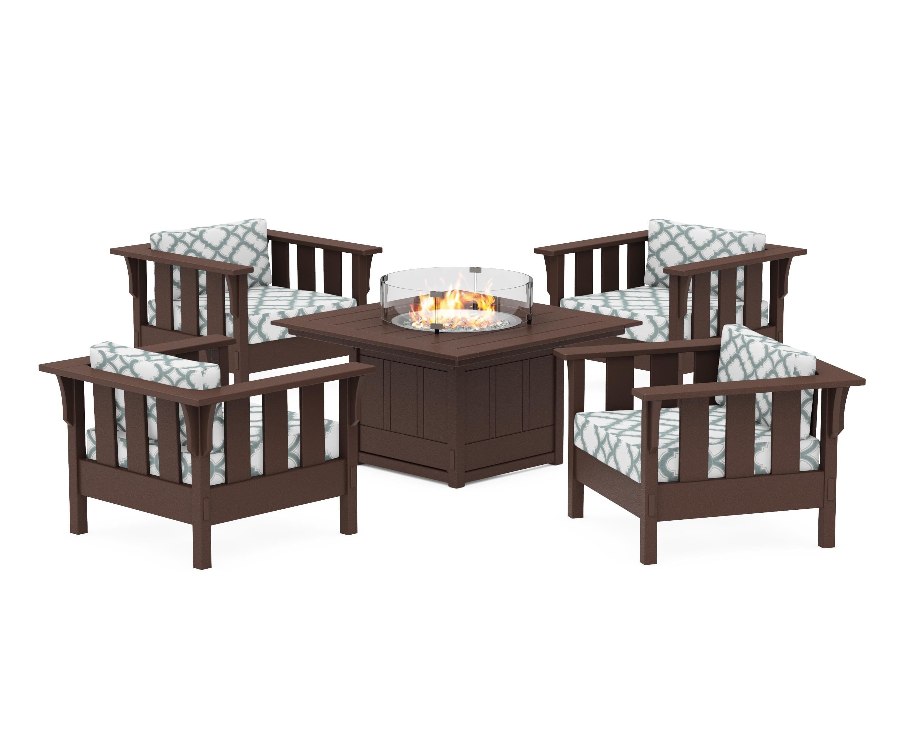 Martha Stewart by POLYWOOD® Acadia 5-Piece Deep Seating Set with Fire Pit Table in Mahogany / Trellis Glacier Spa