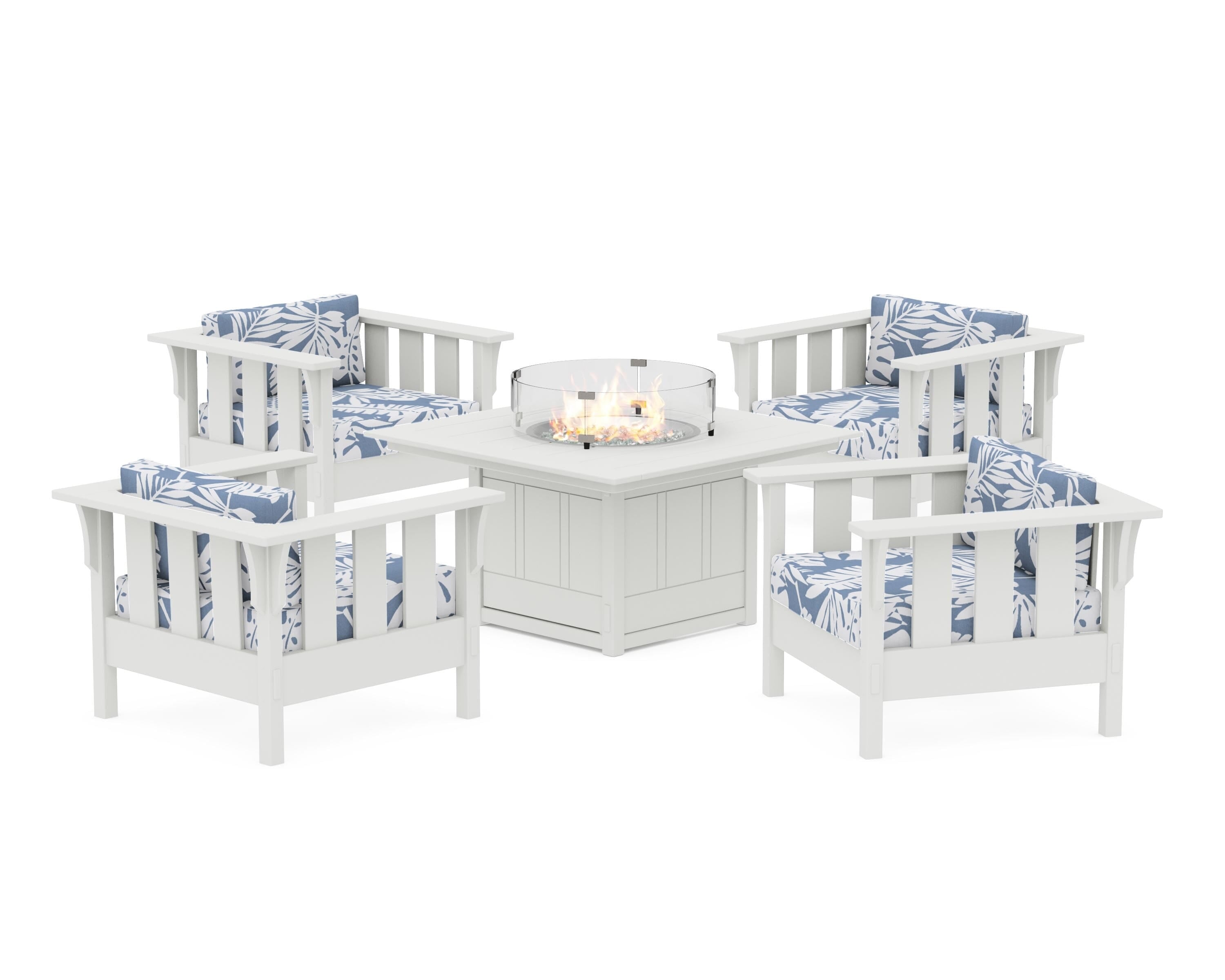 Martha Stewart by POLYWOOD® Acadia 5-Piece Deep Seating Set with Fire Pit Table in White / Leaf Sky Blue
