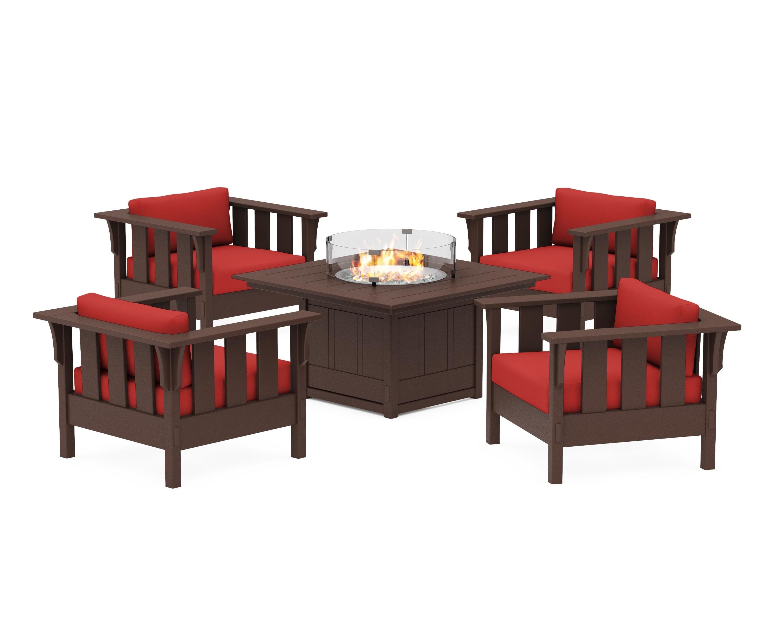 Martha Stewart by POLYWOOD® Acadia 5-Piece Deep Seating Set with Fire Pit Table in Mahogany / Crimson Linen