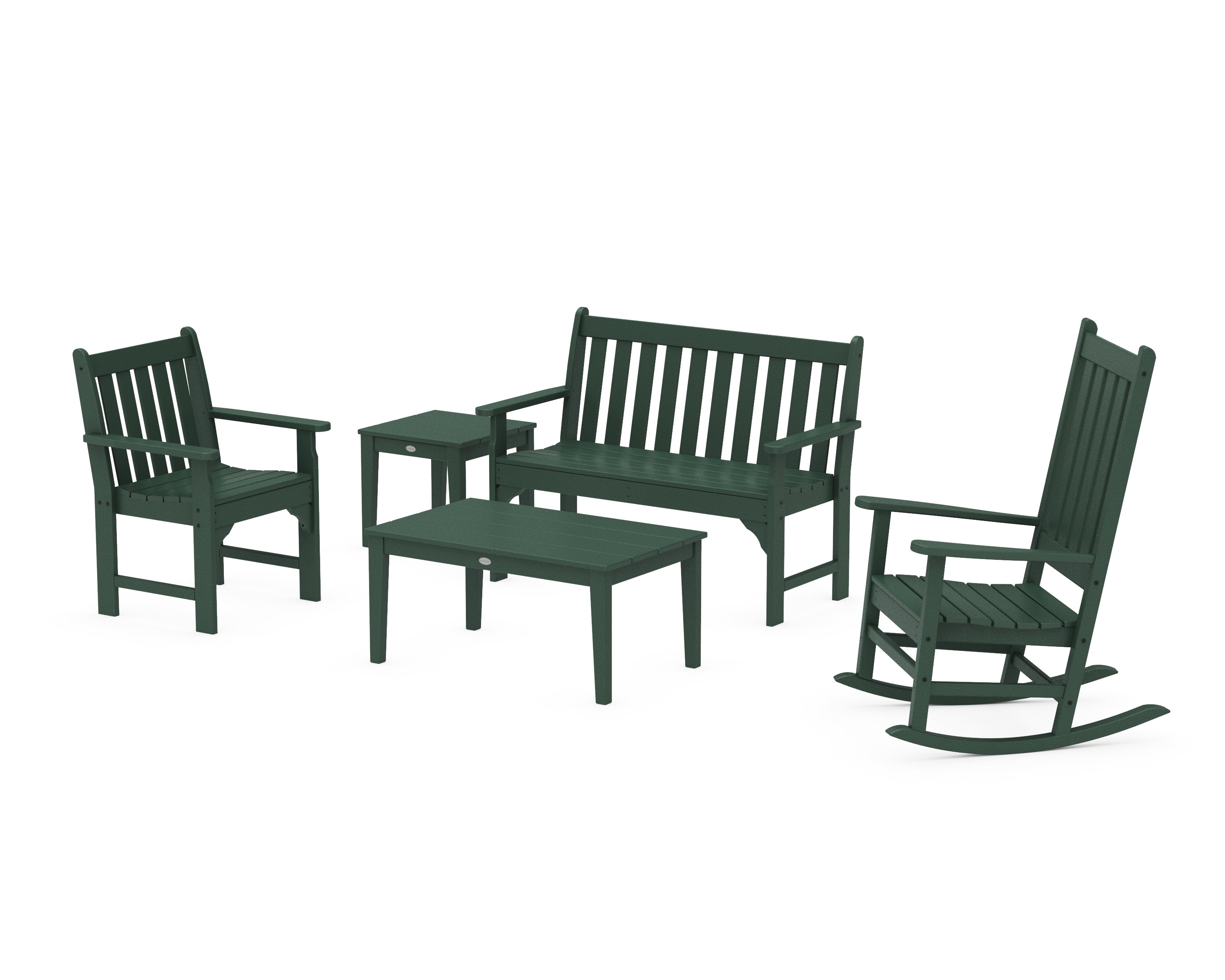 POLYWOOD® Vineyard 5-Piece Bench & Rocking Chair Set in Green