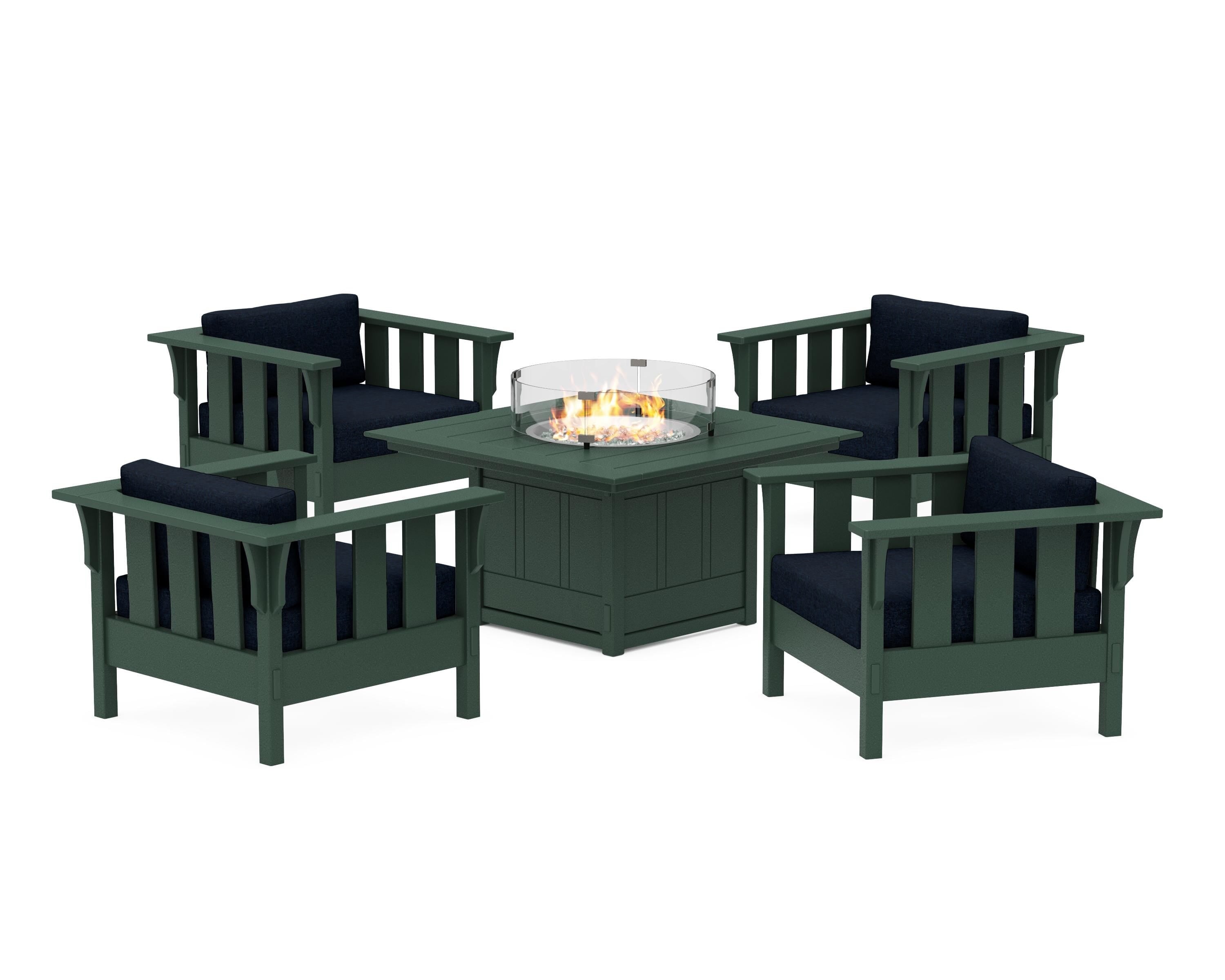 Martha Stewart by POLYWOOD® Acadia 5-Piece Deep Seating Set with Fire Pit Table in Green / Marine Indigo