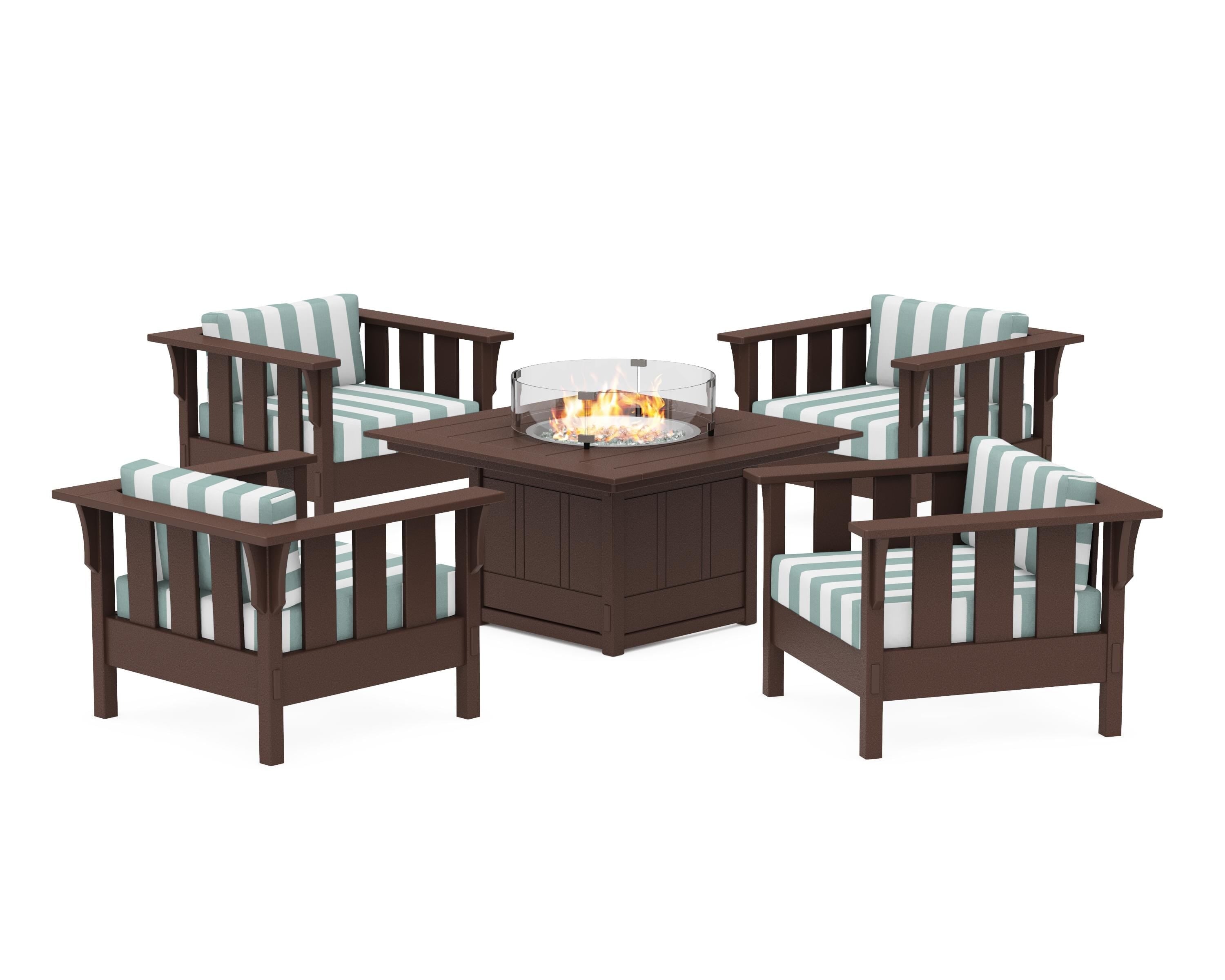 Martha Stewart by POLYWOOD® Acadia 5-Piece Deep Seating Set with Fire Pit Table in Mahogany / Cabana Stripe Glacier Spa