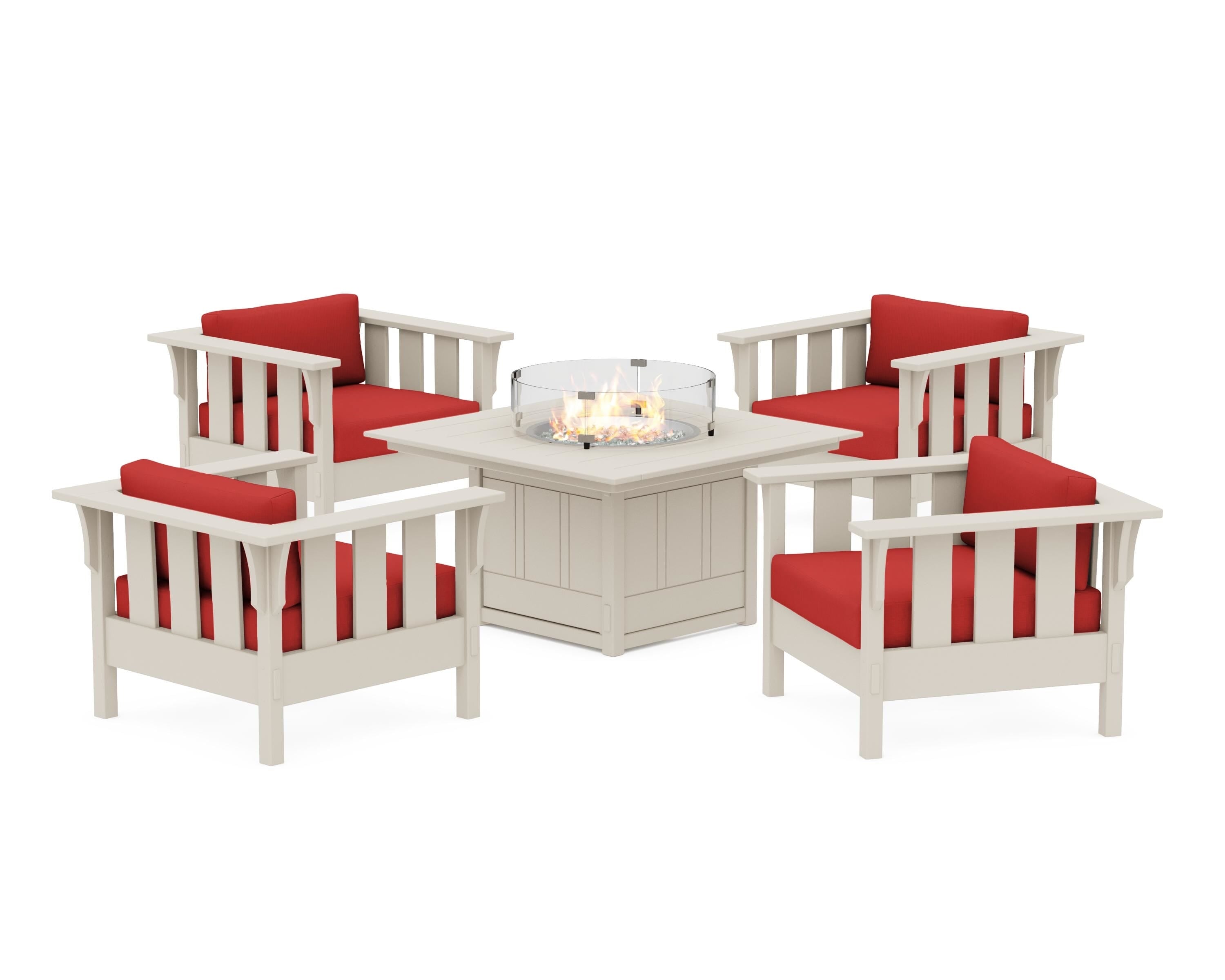 Martha Stewart by POLYWOOD® Acadia 5-Piece Deep Seating Set with Fire Pit Table in Sand / Crimson Linen