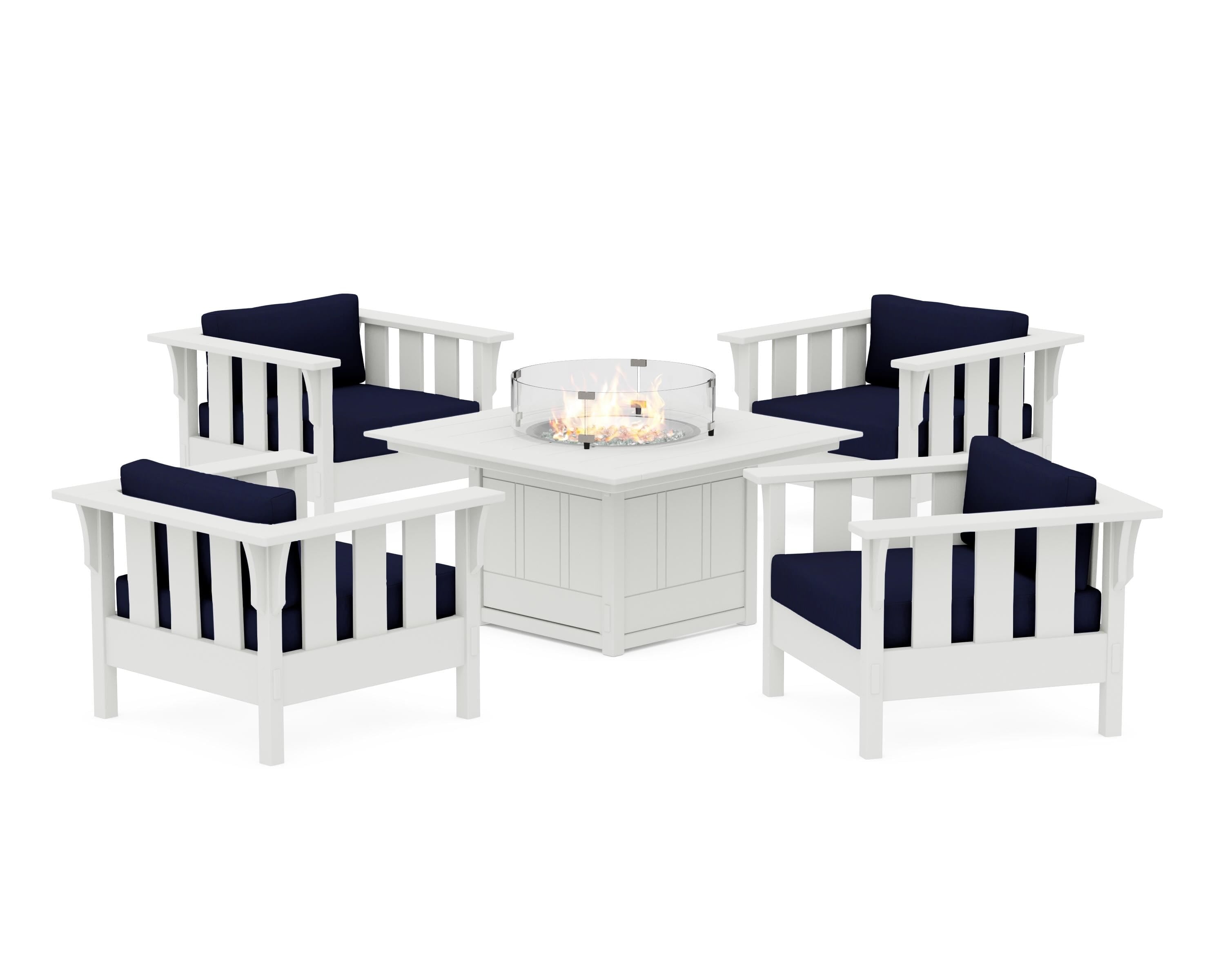 Martha Stewart by POLYWOOD® Acadia 5-Piece Deep Seating Set with Fire Pit Table in White / Navy