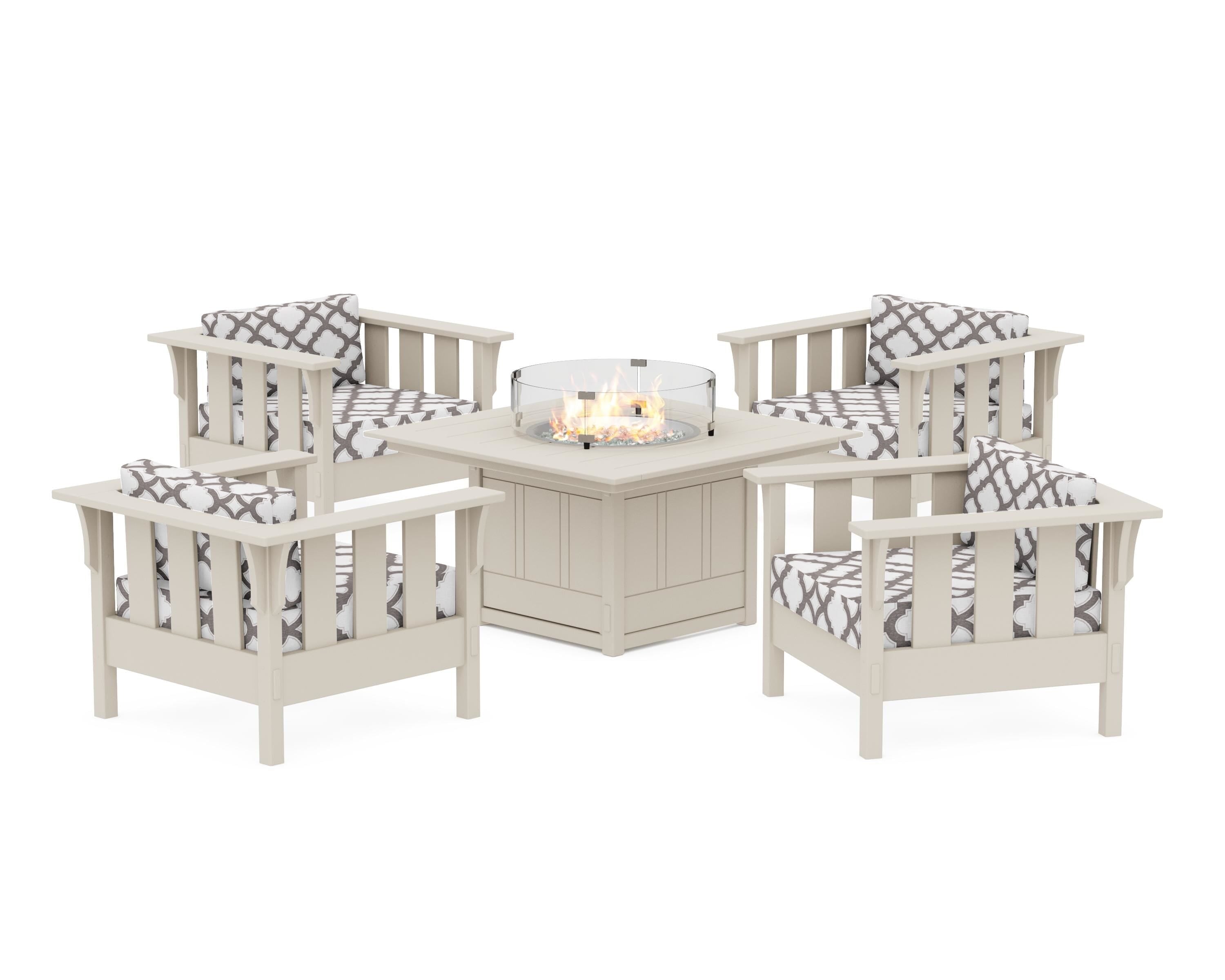 Martha Stewart by POLYWOOD® Acadia 5-Piece Deep Seating Set with Fire Pit Table in Sand / Trellis Grey Mist