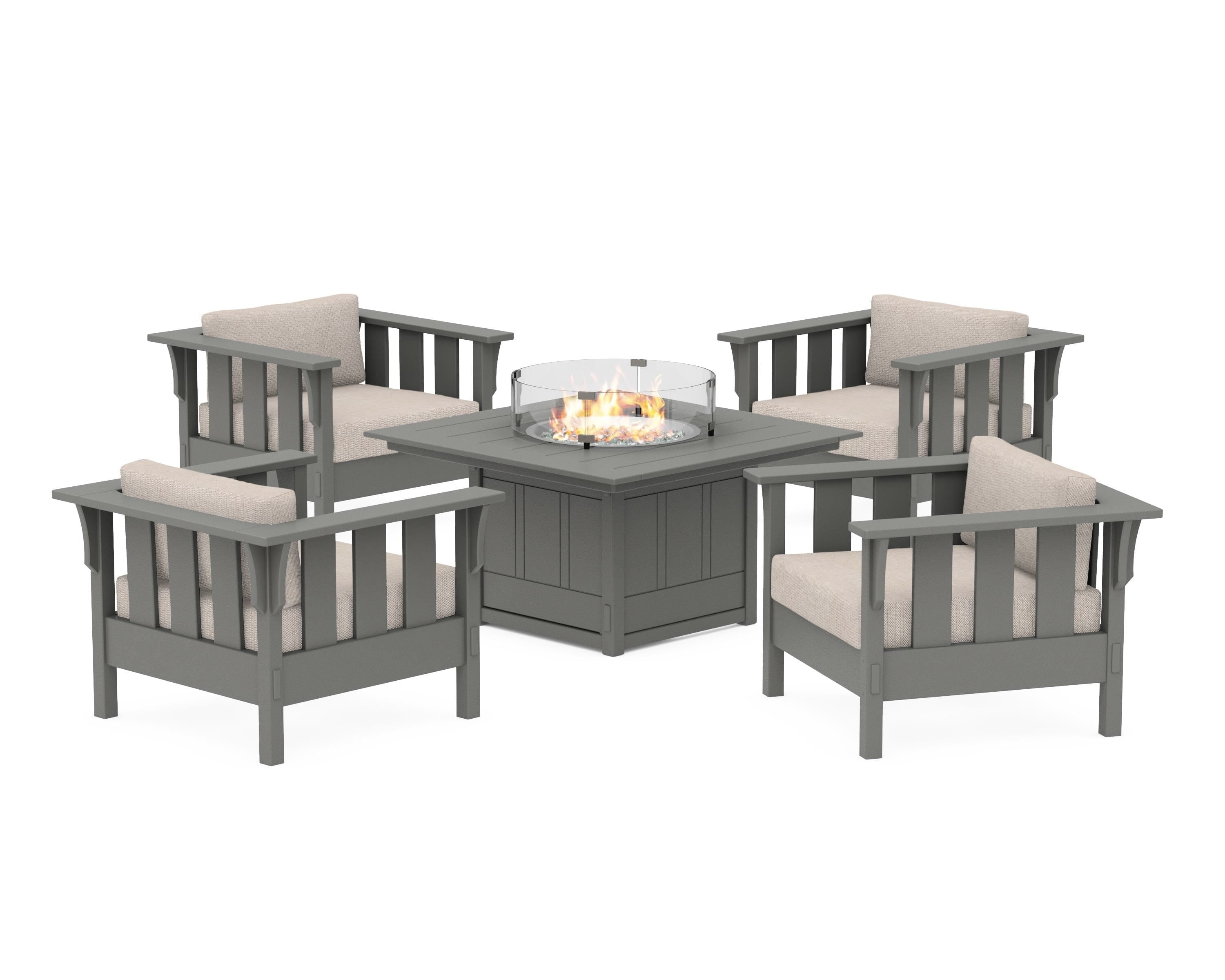 Martha Stewart by POLYWOOD® Acadia 5-Piece Deep Seating Set with Fire Pit Table in Slate Grey / Blend Linen
